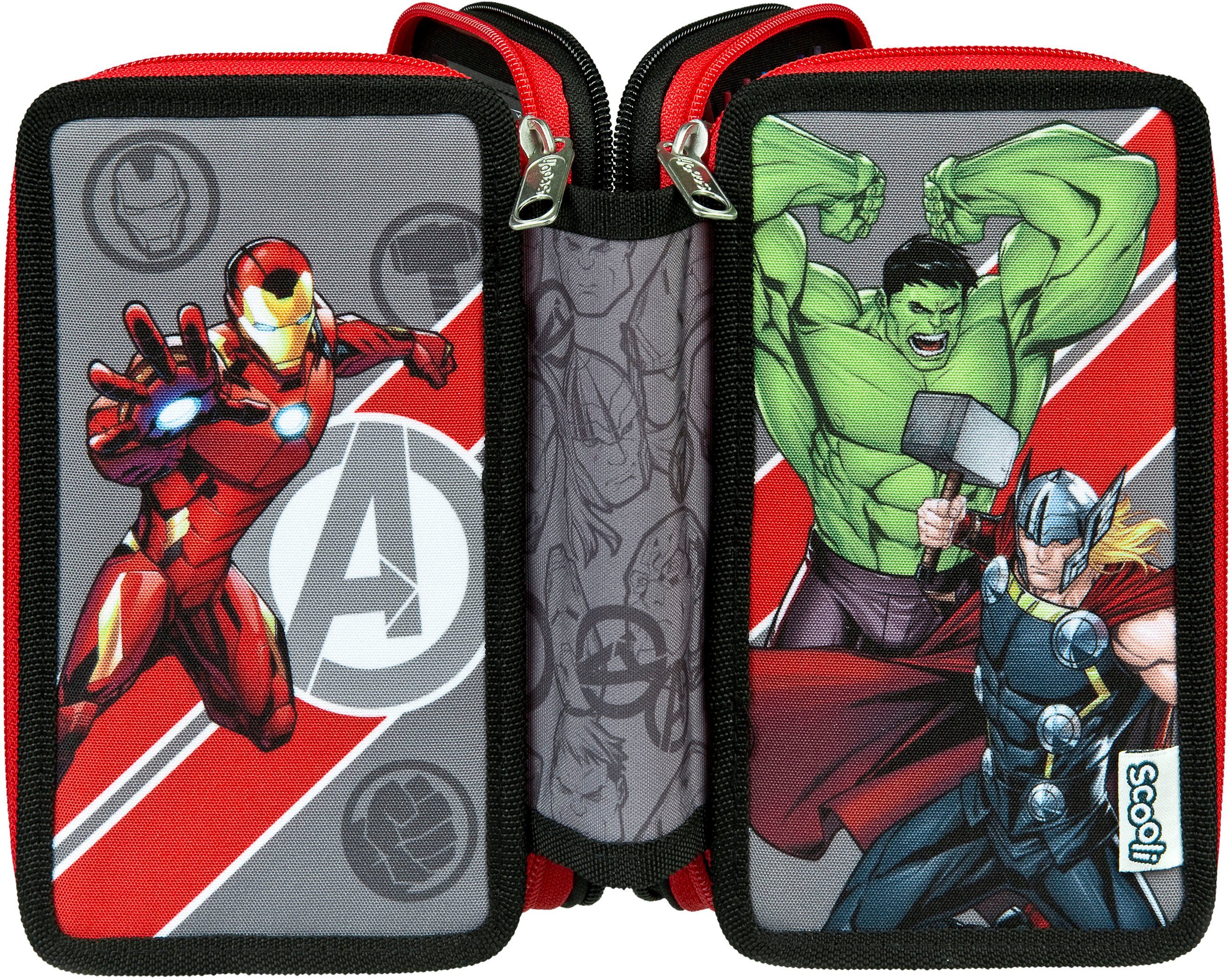 Scooli Federmäppchen Tripledecker, Avengers, befüllt, inklusive Geodreieck