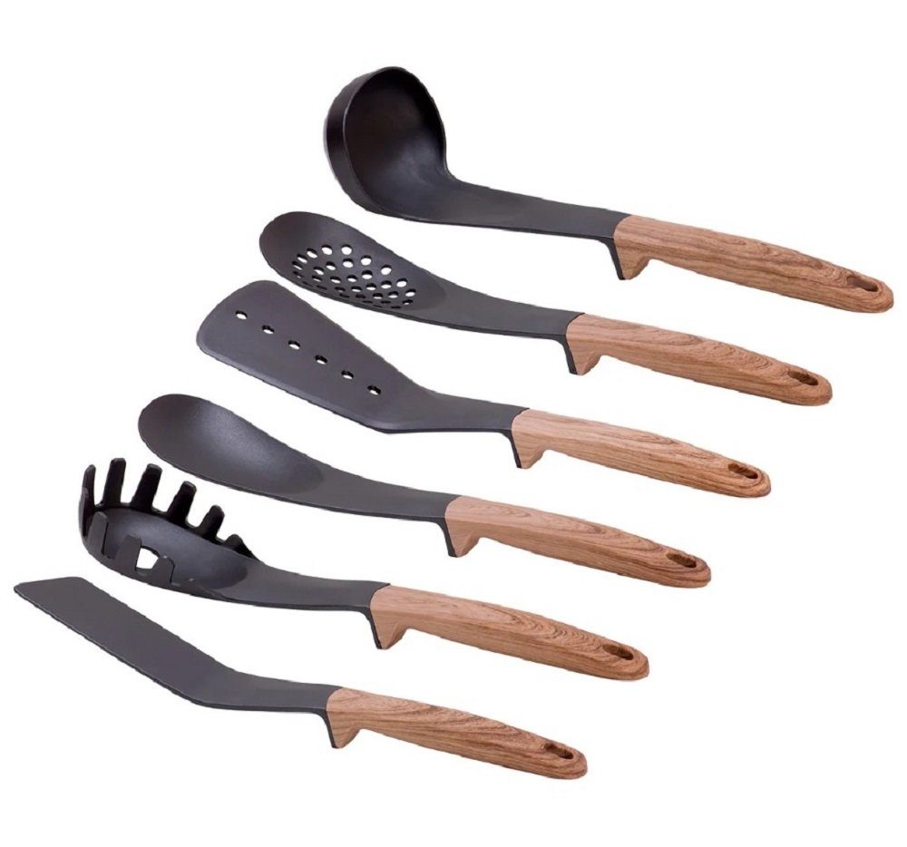 Cheffinger Kochbesteck-Set Küchenhelfer 7-teilig Spaghettiheber, Schöpfkelle, Pfannenwender, Servierlöffel Kochbesteck Drehbar Gastronomie