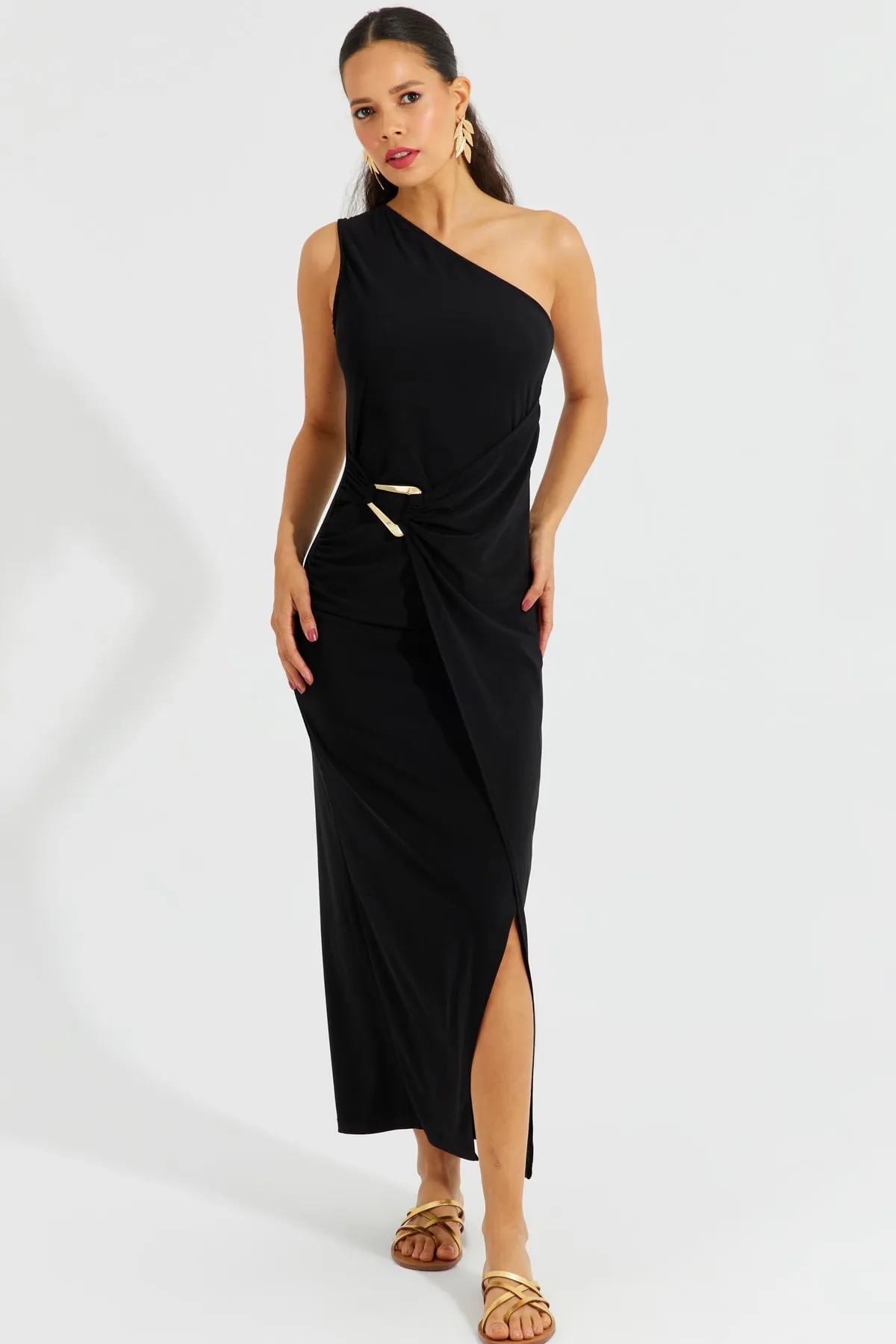 Cool & Sexy  Schwarzes One-Shoulder-Maxikleid mit Schnalle für Damen BK1658