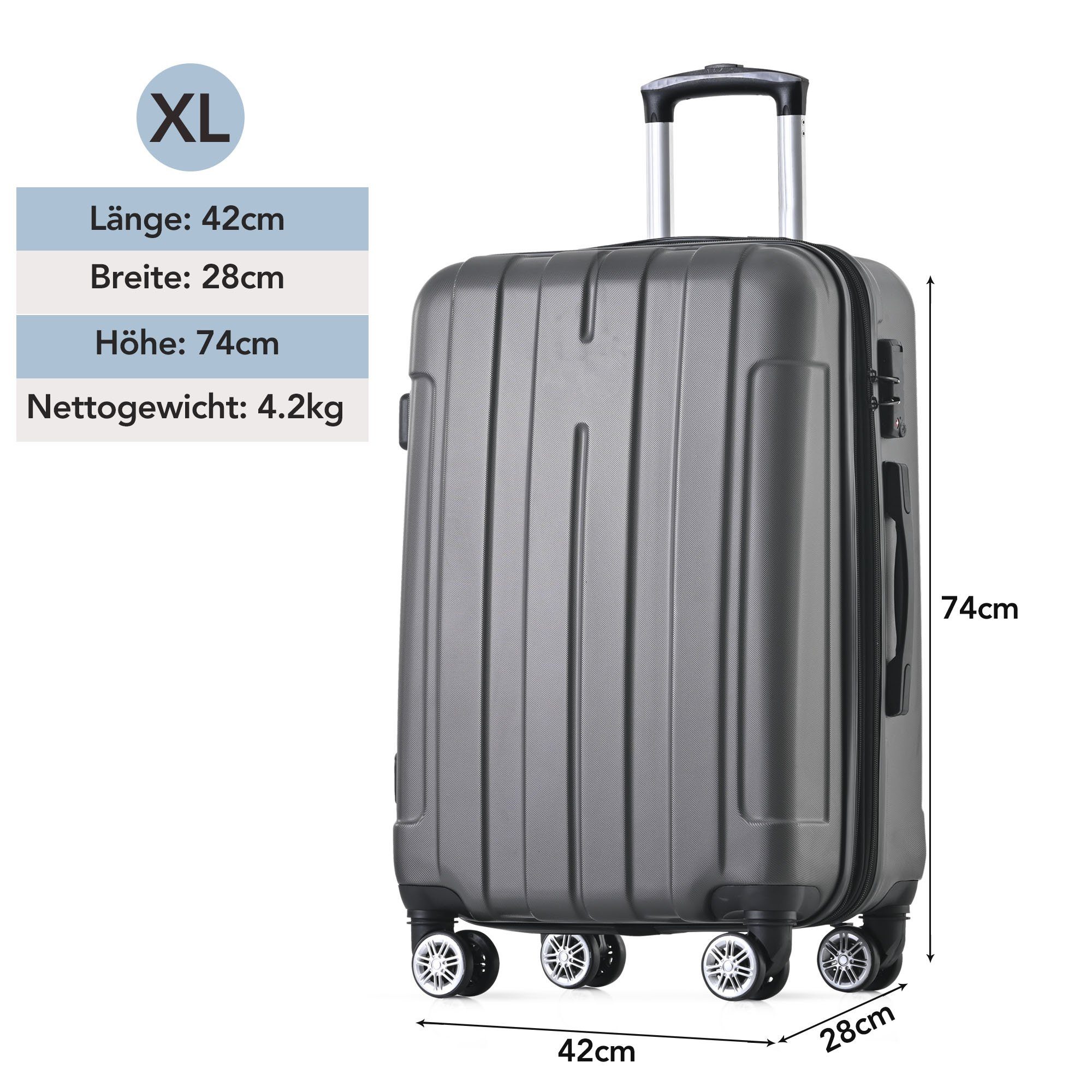 BlingBin Handgepäckkoffer Hartschalen-Handgepäck Universalrad Doppelrad mit Bremsen Grau XL, ABS-Material Mit TSA-Schloss XL - 42*28*74 cm