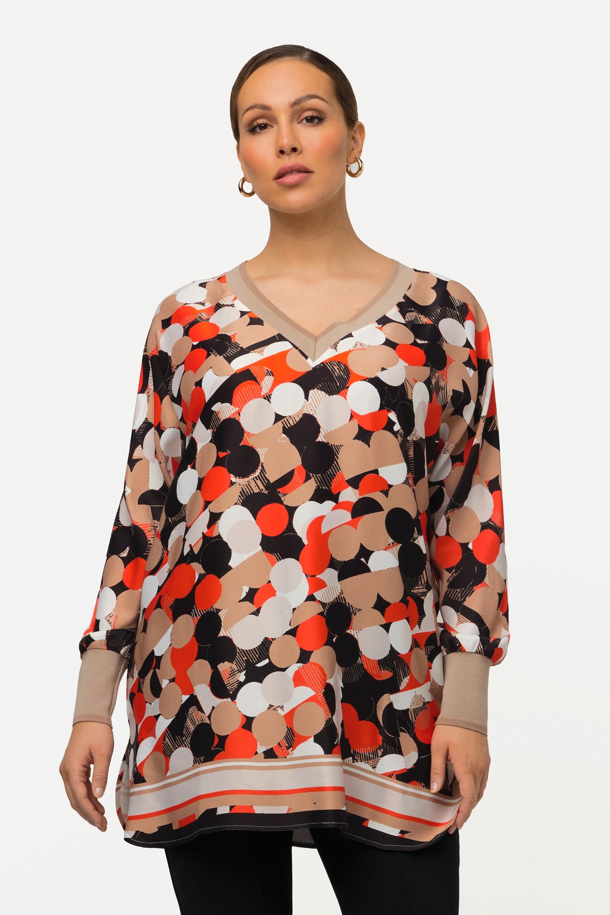 Ulla Popken Tunika Tunika Punkte Satin Oversized V-Ausschnitt 3/4-Arm
