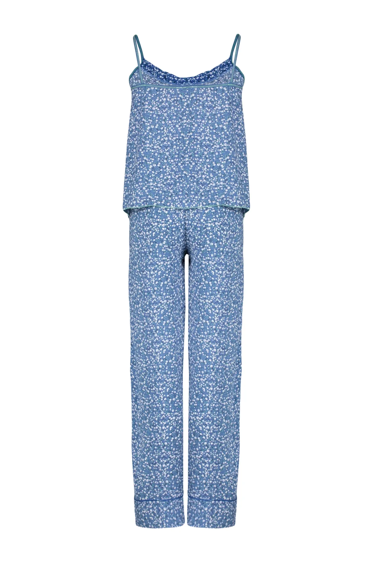 Trendyol Collection  Nachtwäsche-Set mit blauen Blumenmustern und Kordelriemen, 100 % Baumwolle – THMSS24PT00307