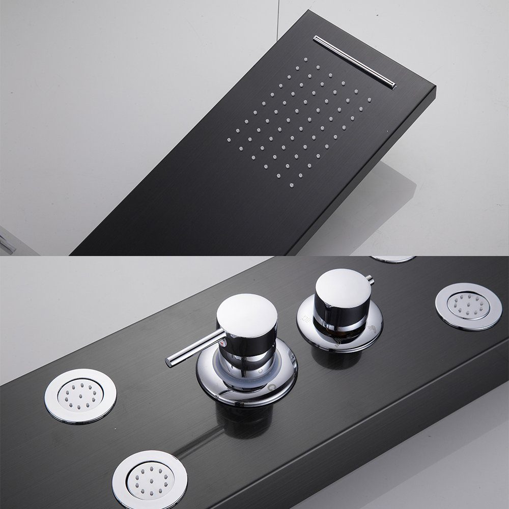 XIIW Duschsystem Duschsystem Edelstahl Duschpaneel Duschsäulen,mit Regendusch, Massagedüsen Handbrause Wasserfalldusche Kopfbrause, mit 1,5m S/S flexibler Schlauch,Schwarz