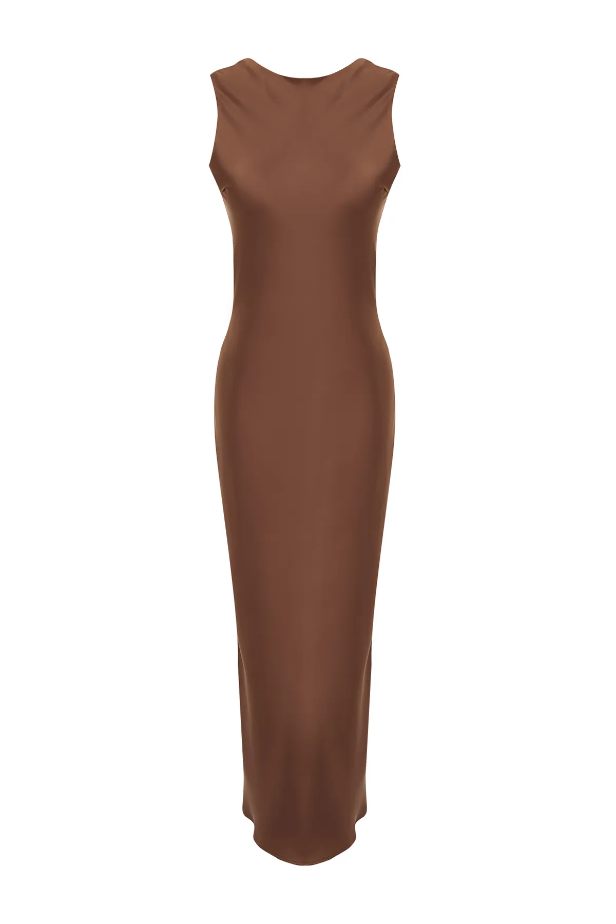Trendyol Collection  Braunes Maxikleid aus gewebtem Satin mit Rückendetail TWOSS24EL00070