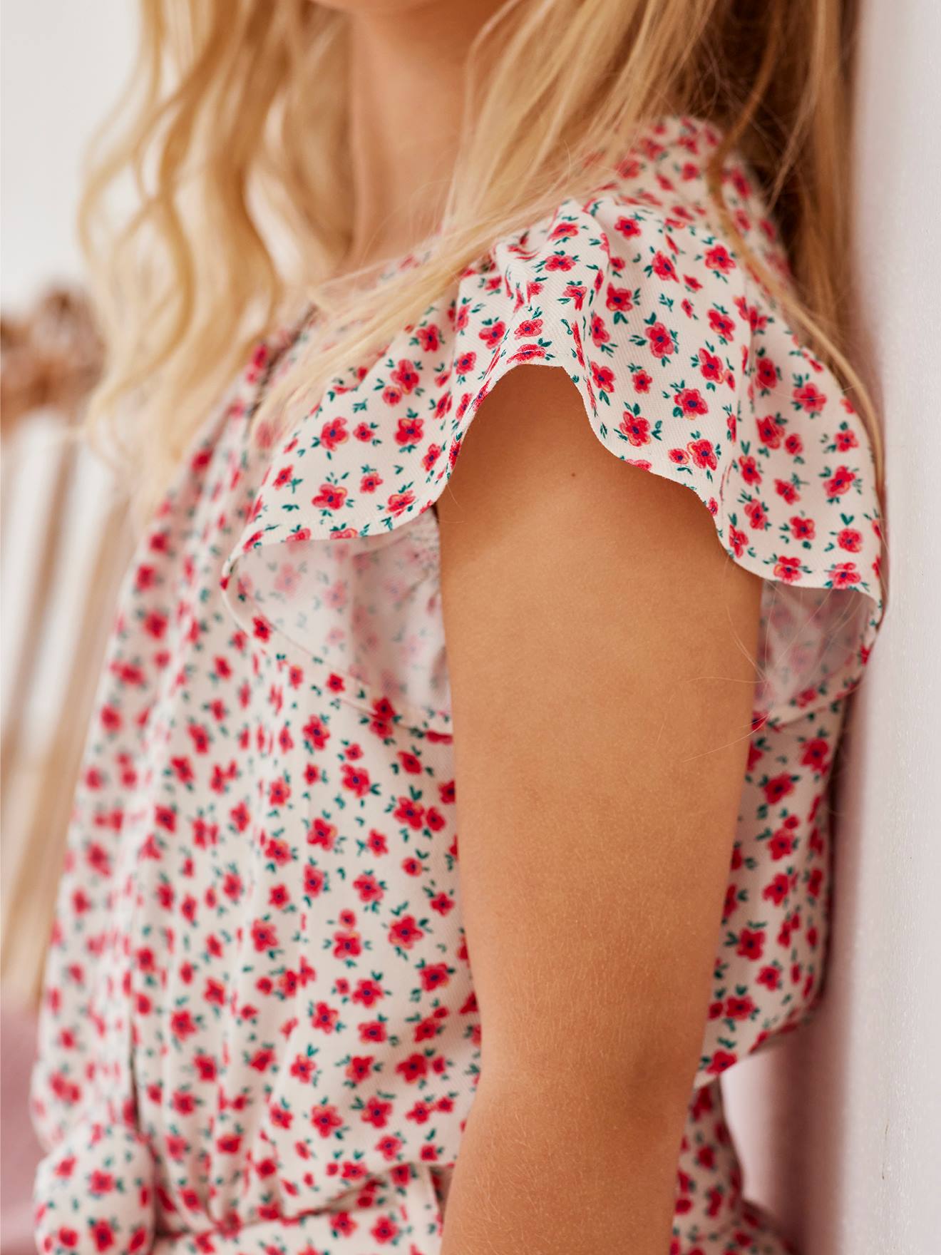 Combi-short fille beige imprimé fleurs roses