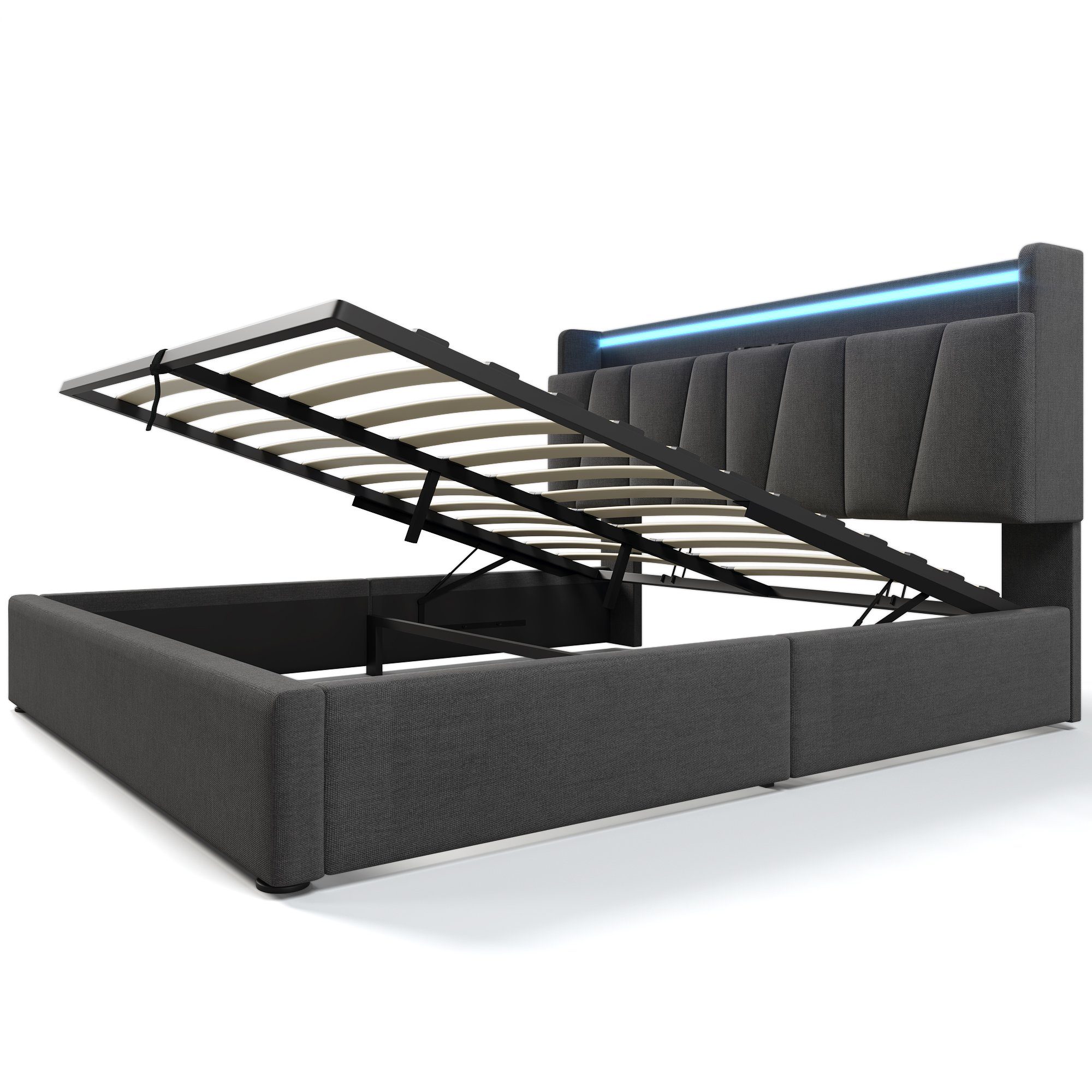 Flieks Polsterbett, Hydraulisches Doppelbett 160x200cm Stauraumkopfteil LED-Beleuchtung