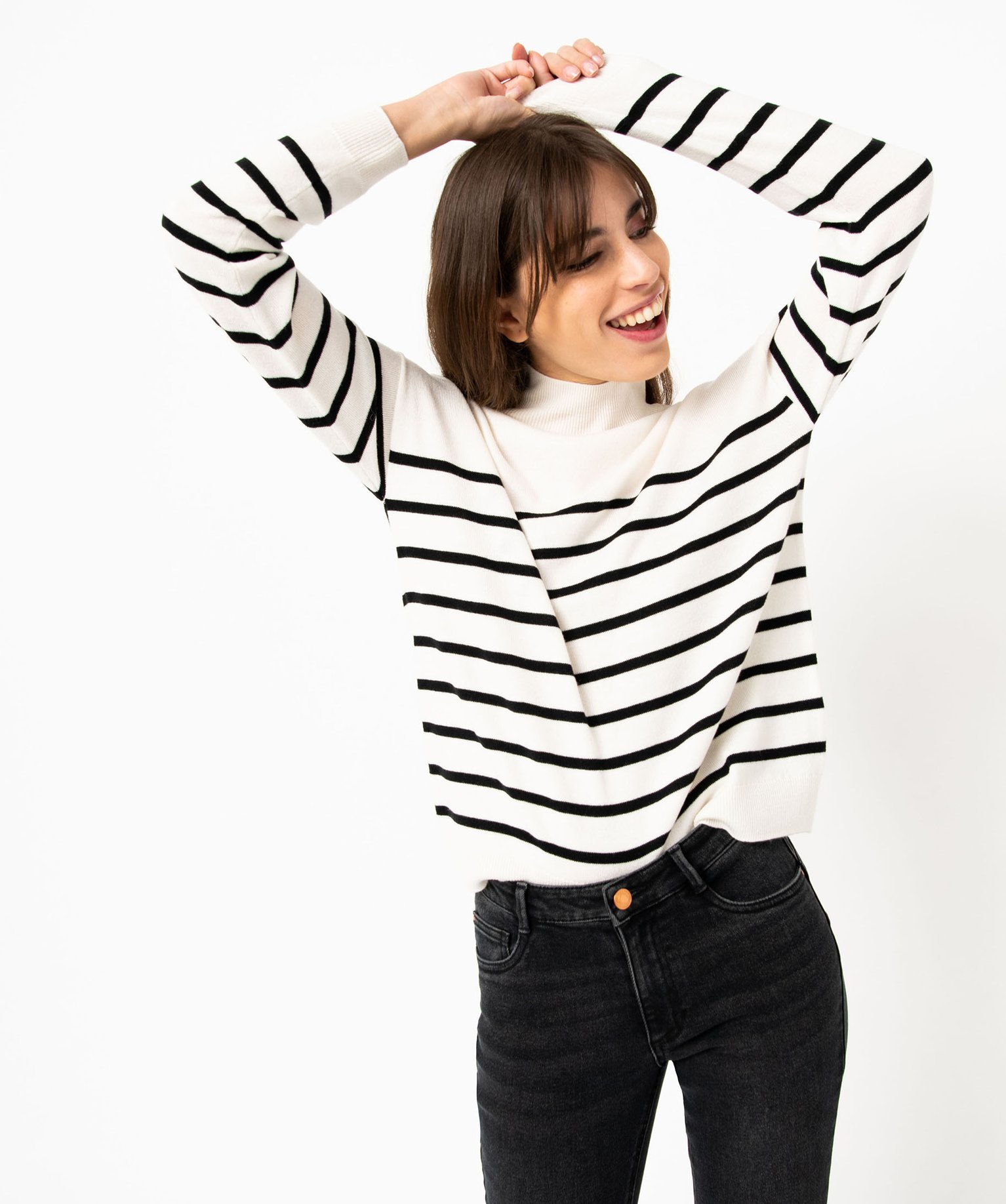 Pull à col montant en maille fine rayée femme raye | GEMO