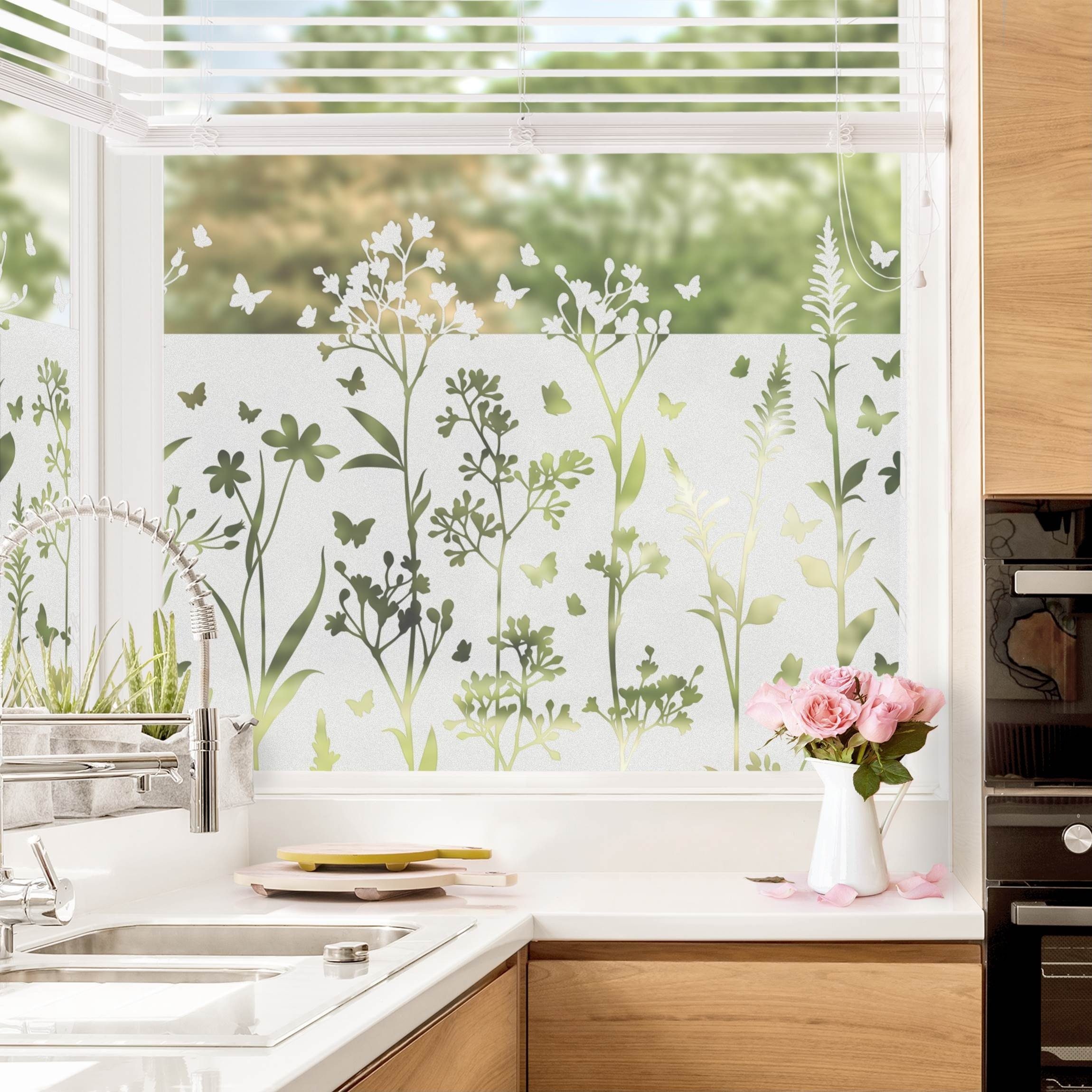 Fensterfolie statisch haftend Motiv Fensterdeko Wildblumen Schmetterlingen Bordüre, Bilderdepot24, blickdicht, Innen Fenster Tür Balkontür Küche Badezimmer Wohnzimmer Schlafzimmer