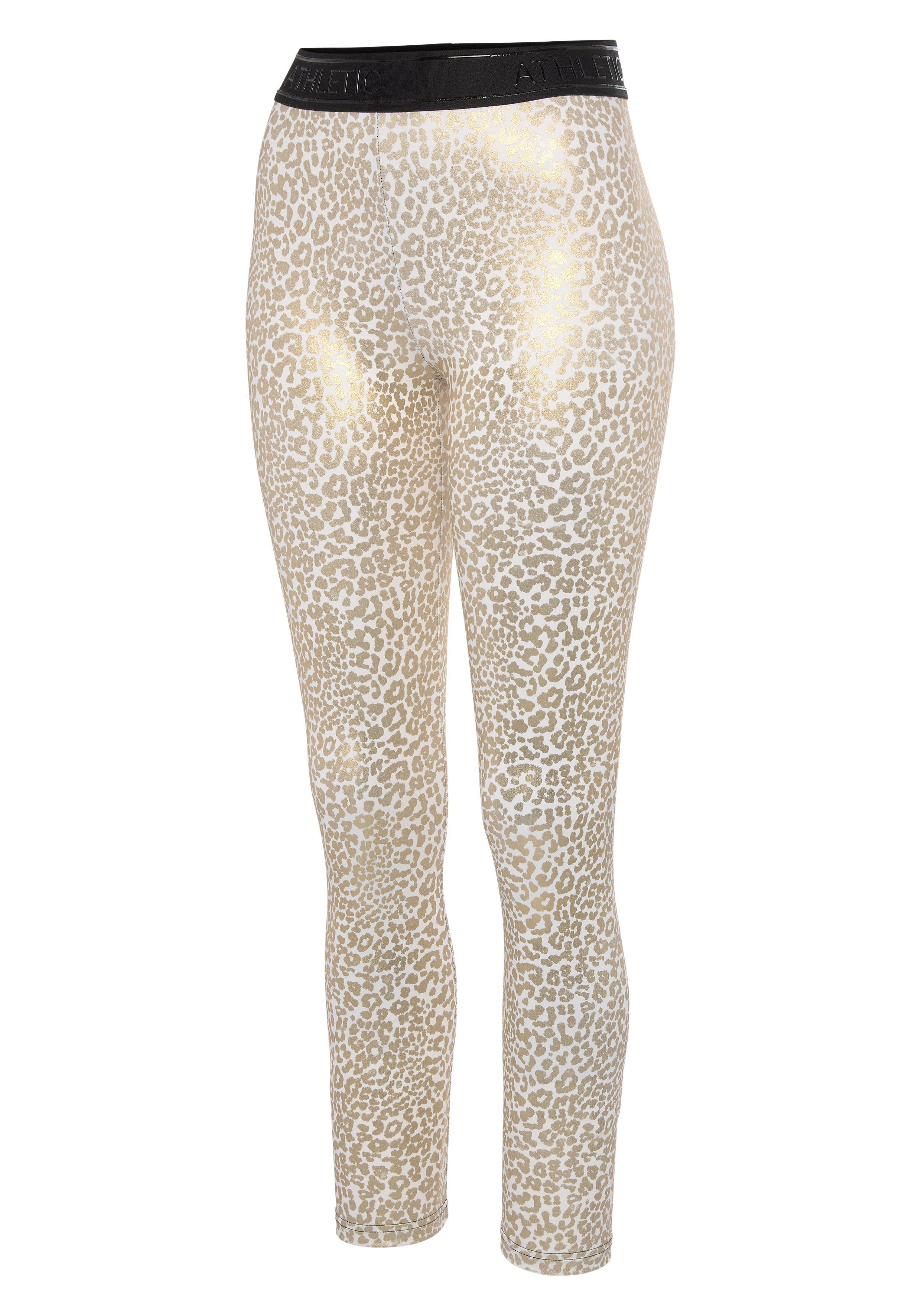 LASCANA ACTIVE Funktionsleggings -Sportleggings mit glänzendem Leomuster und 3D-Schriftzug auf dem Bund