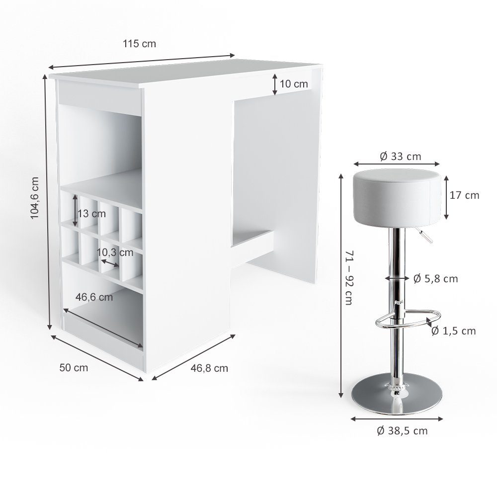 Vicco Bartisch Bartresen Stehtisch Tresentisch ROSS Weiß inkl. Hocker