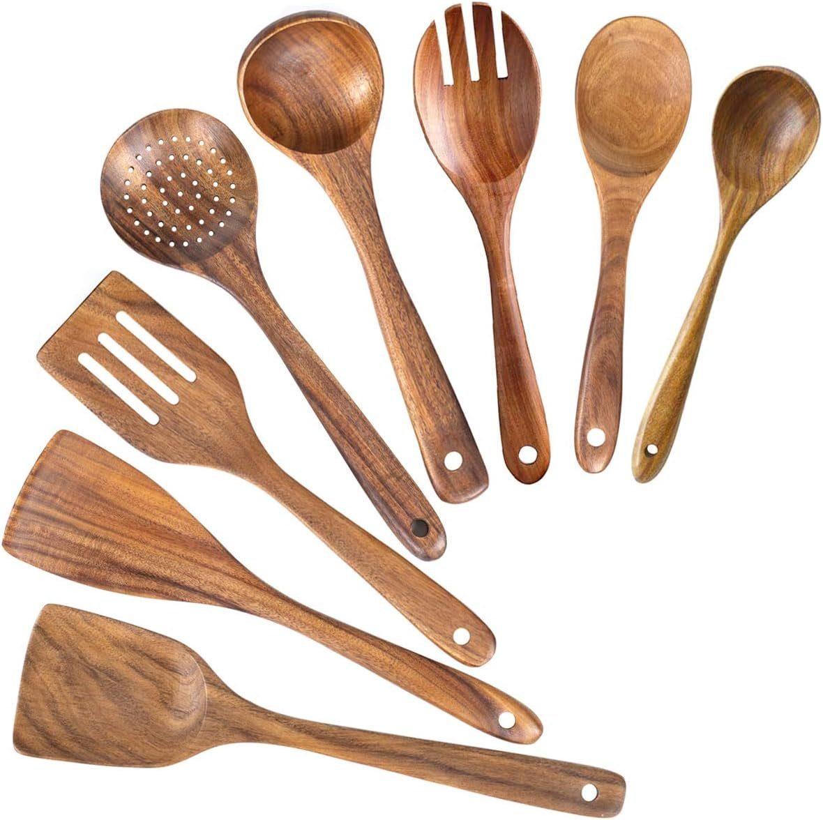 Fokelyi Kochbesteck-Set Holz Kochbesteck-Set,Kochlöffel Holz,Pfannenwender,8-Teiliges-Set