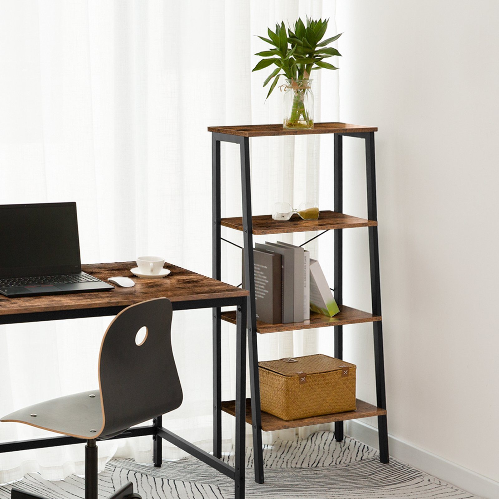 BERLINLODGE® Bücherregal Bronx, Leiterregal Standregal vintage-braun industry-style, für Wohnzimmer, Büro, Schlafzimmer, Küche
