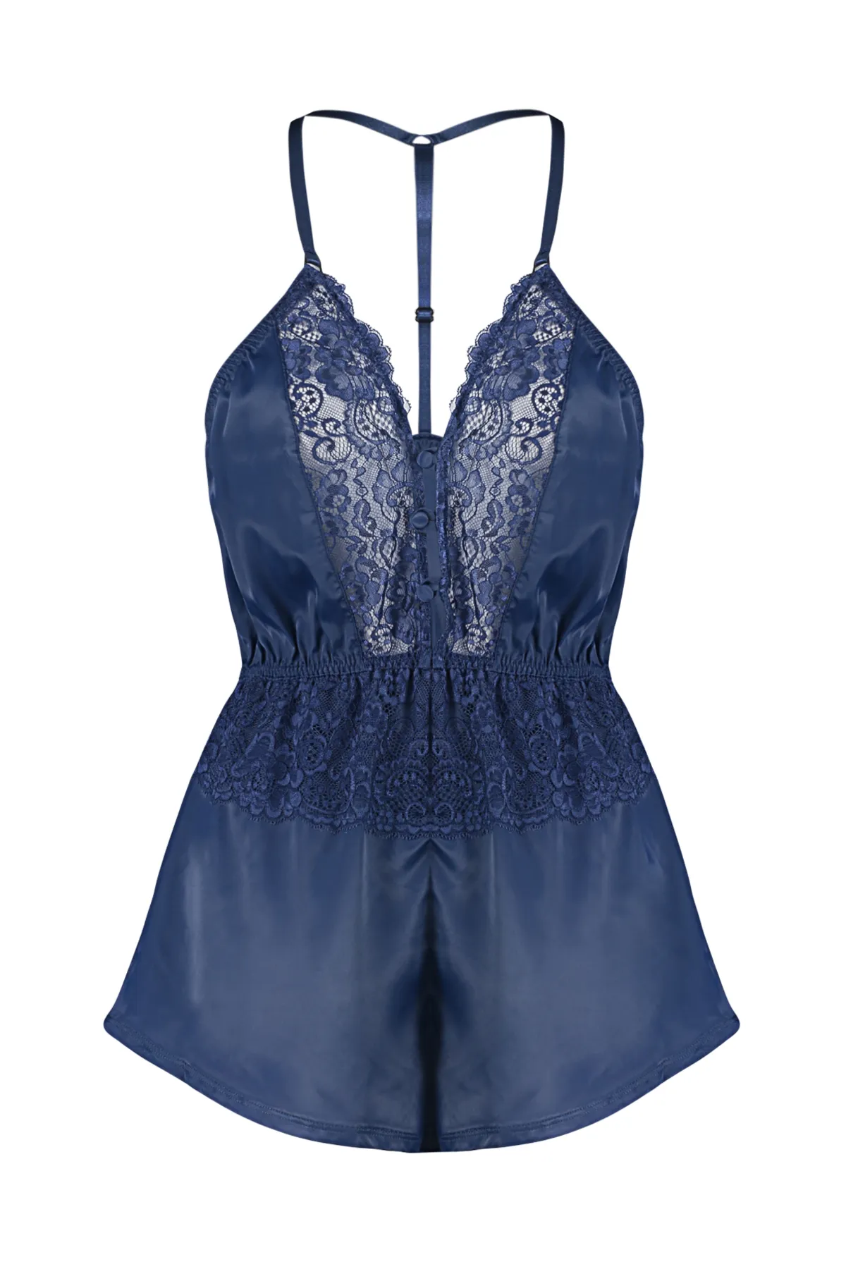 Trendyol Collection  Marineblaues, extravagantes Nachthemd aus Satin mit Spitzendetails und Seilträgern THMAW24CY00000