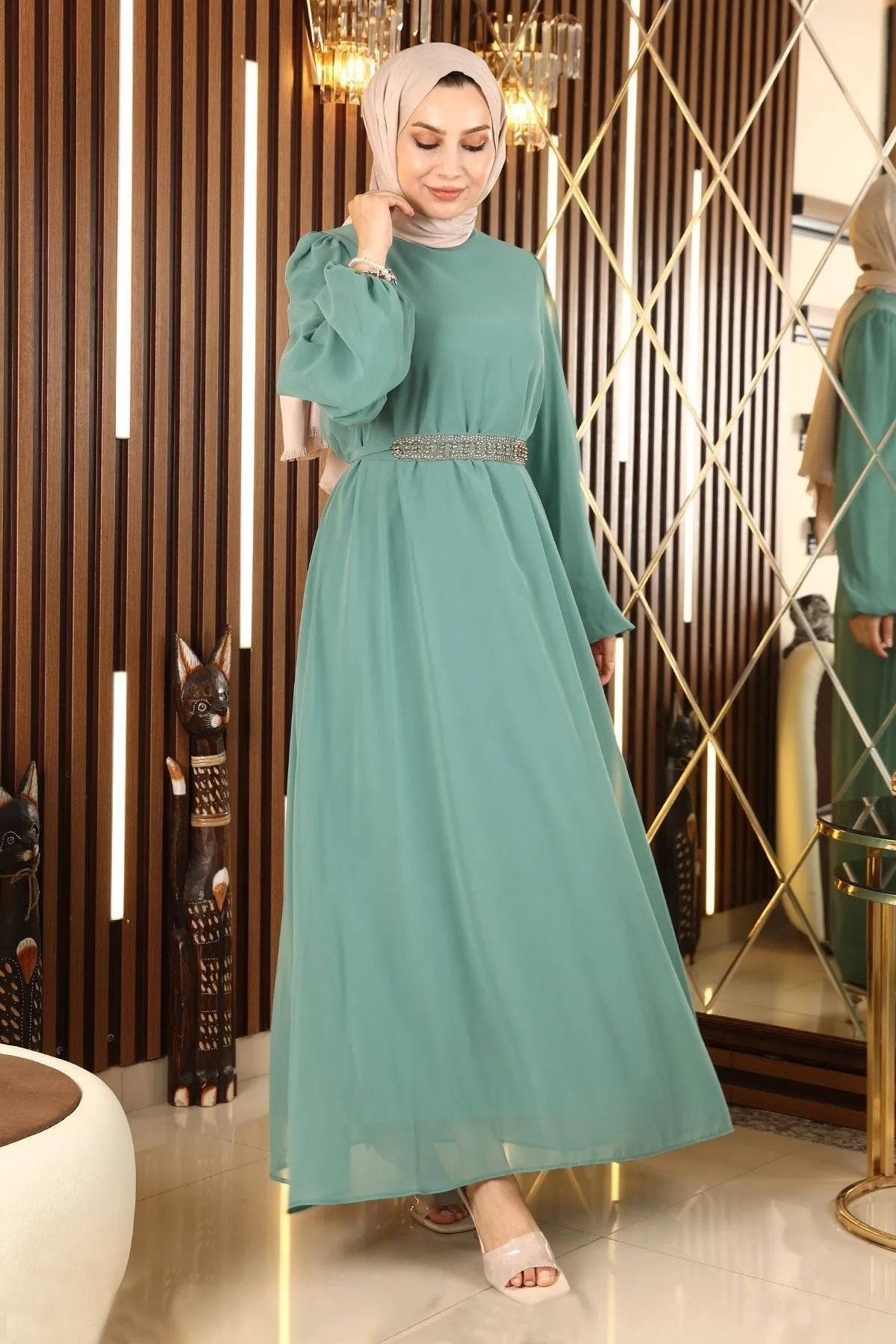 Modamihram  Chiffon-Abendkleid mit Gürteldetail Mint 13304