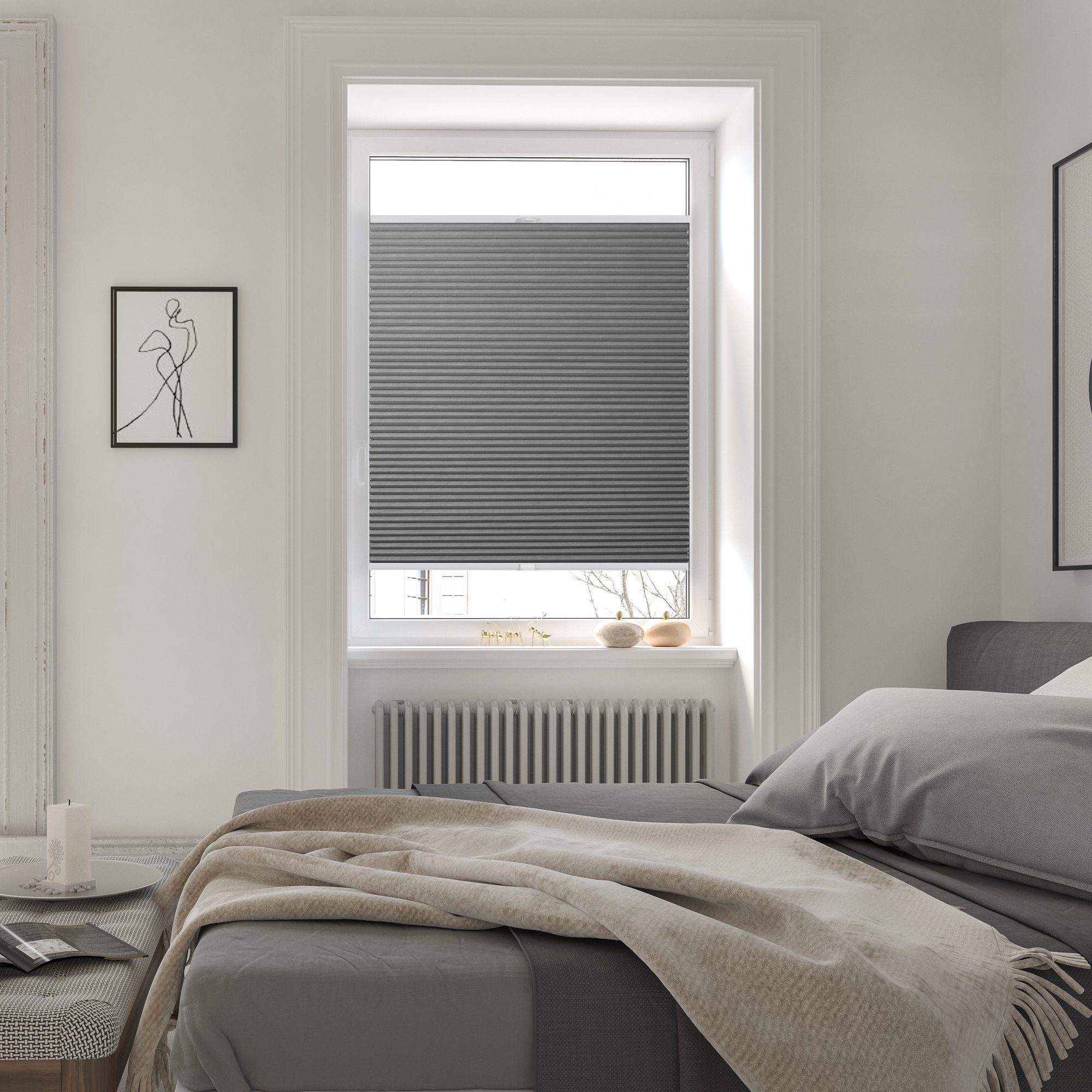 Wabenplissee Klemmfix, ohne Bohren, verspannt, blickdicht, Hitzeschutz - Grau, LICHTBLICK ORIGINAL, verdunkelnd, inkl. Klemmträger, verspannt, Klemmbar
