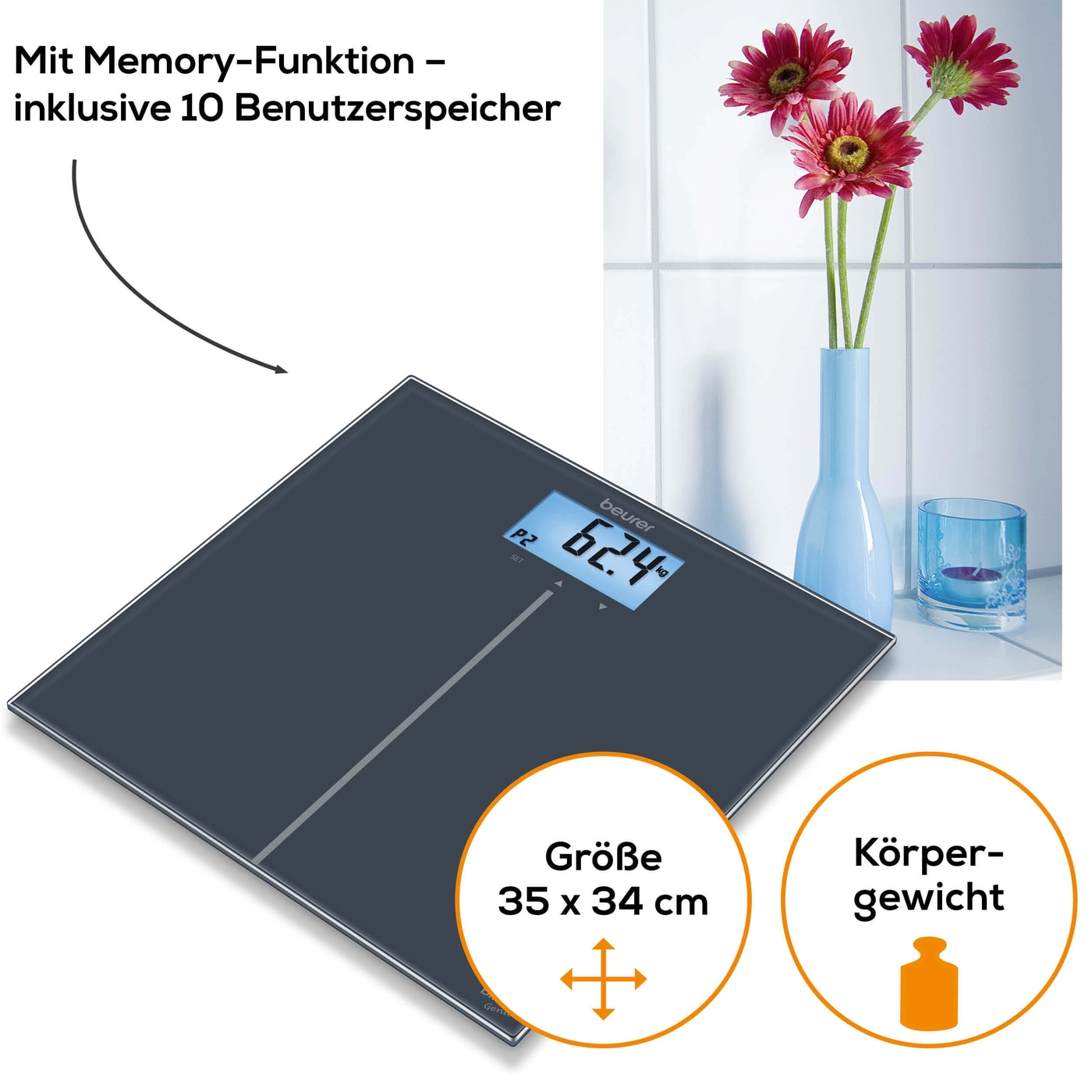 Beurer Glaswaage - GS 280 BMI Genius-Personenwaage aus Glas mit BMI Berechnung & farbigem Display - bis 180 kg