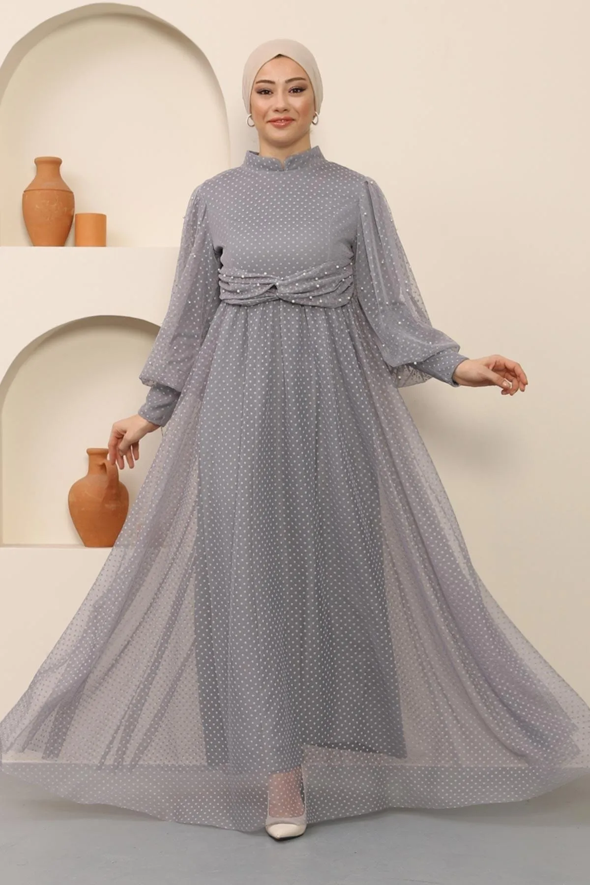 Modamihram  Abendkleid aus Tüll mit Perlendetail, Grau 12238