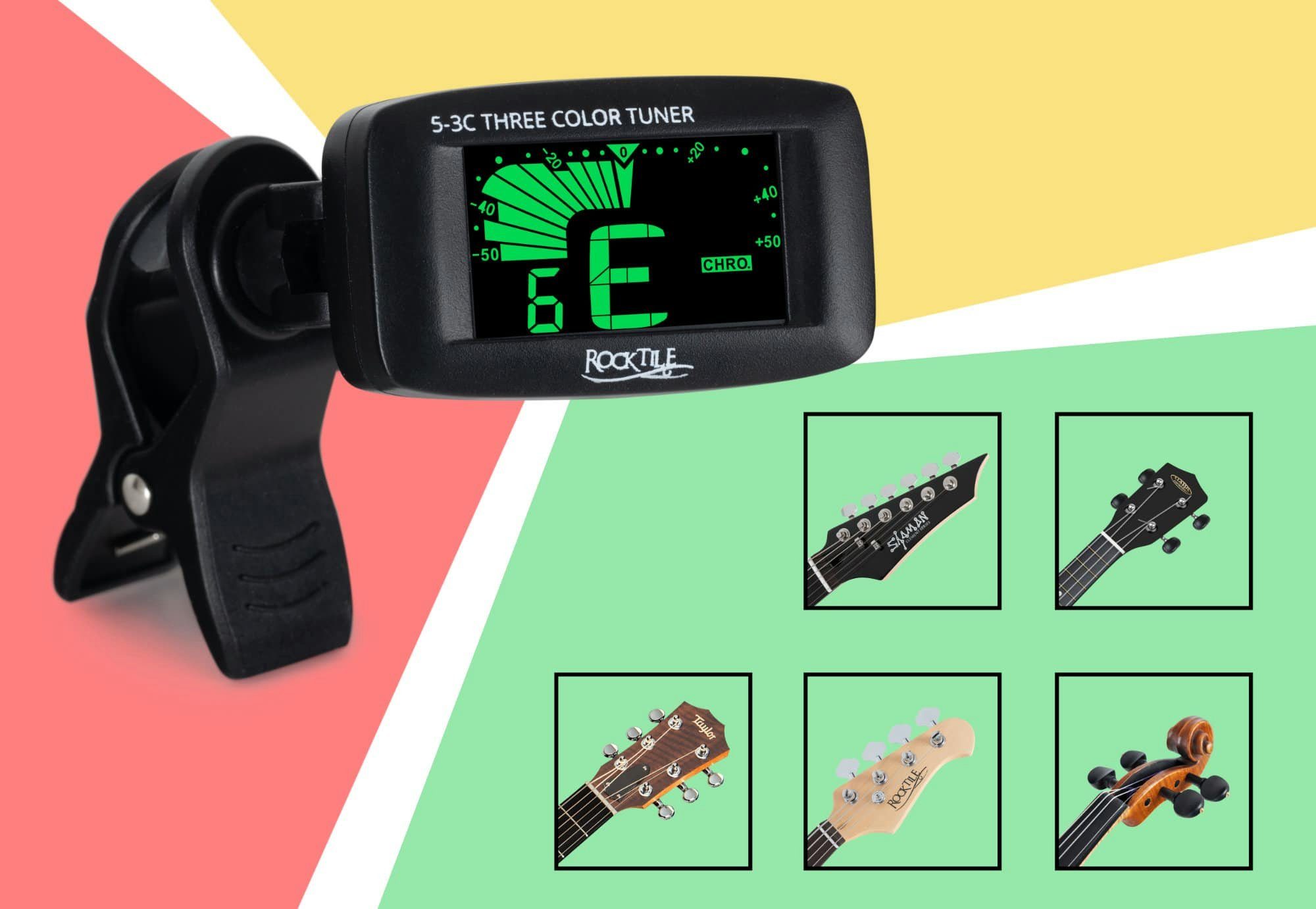 Rocktile Stimmgerät 5-3C Three Color Clip-Tuner, (inkl. Knopfbatterie), Geeignet für Gitarre, Bass, Ukulele und Violine