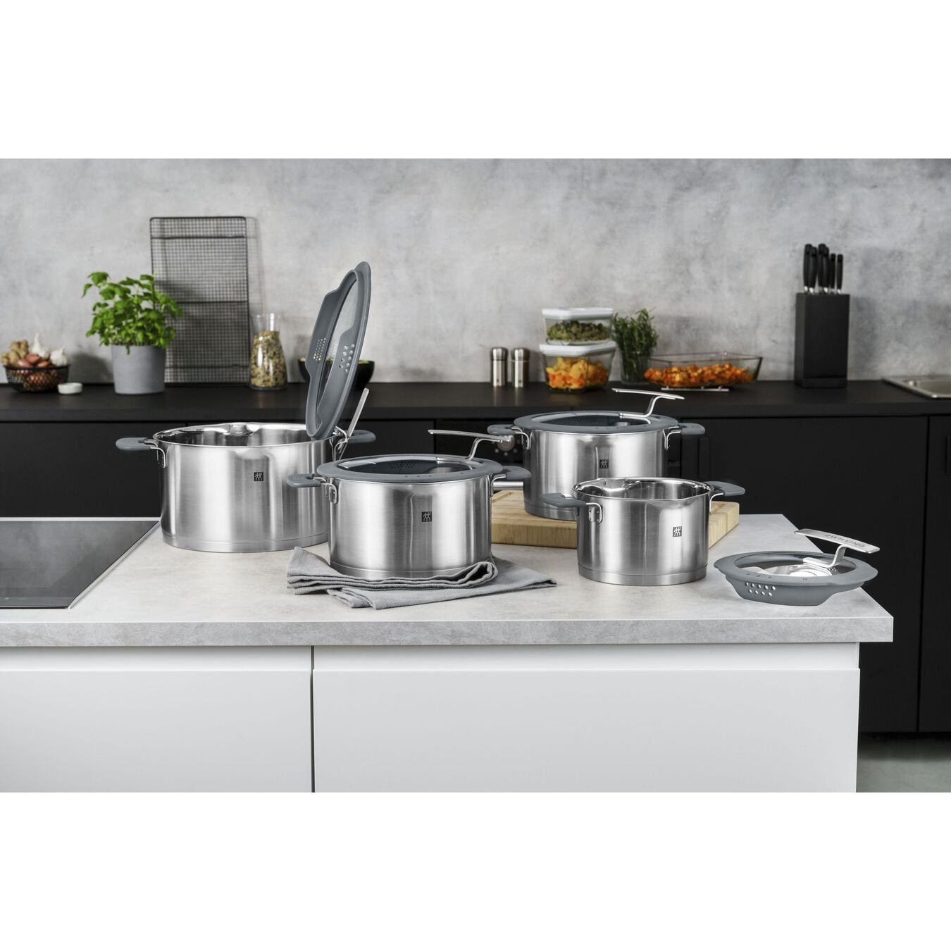 Zwilling Topf-Set Zwilling Kochtopf-Set 5tlg. Simplify, Edelstahl,Glas,Kunststoff/Silikon (5-tlg)