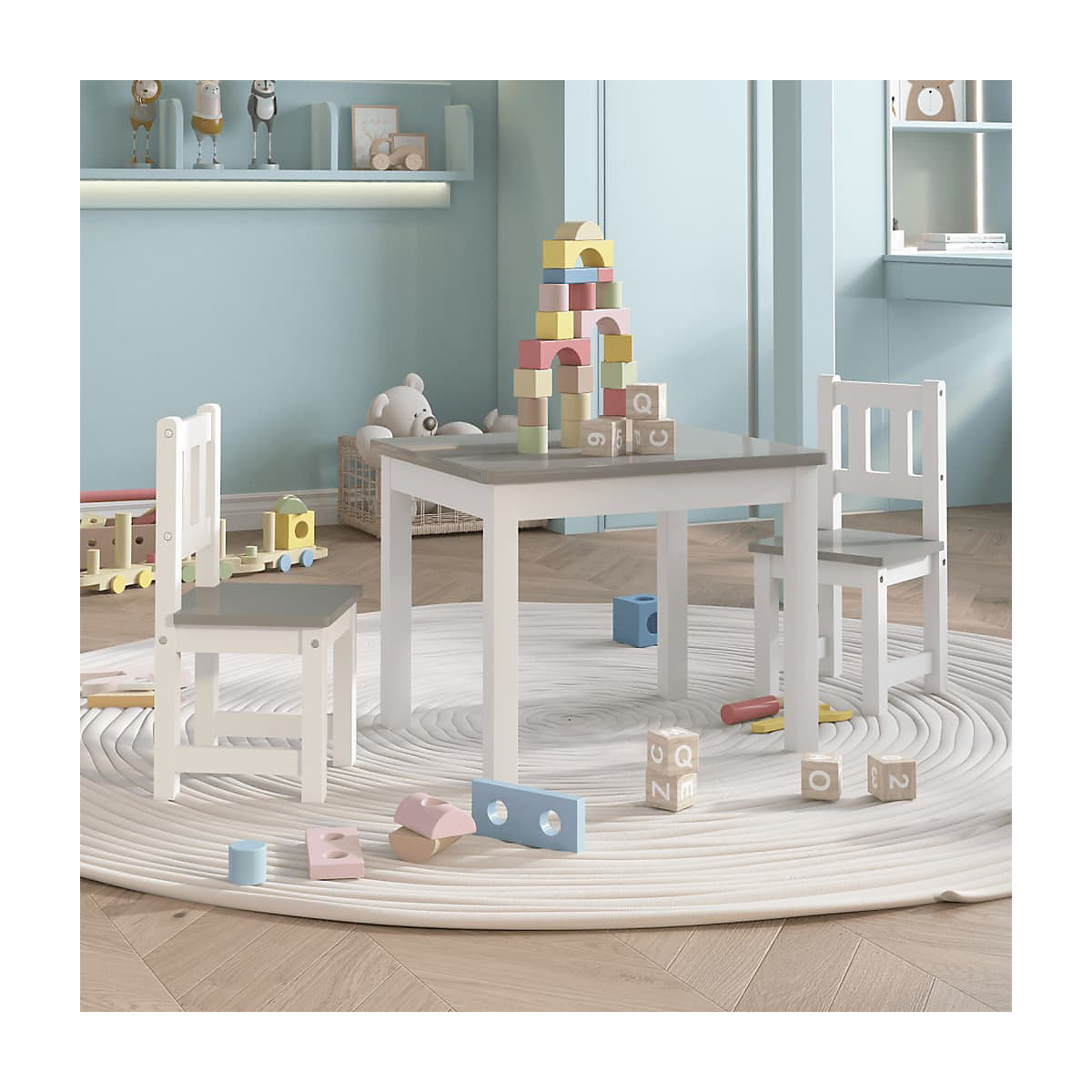 3-tlg. Kindertisch und Stuhl-Set Weiß und Grau MDF Kindermöbel-Set