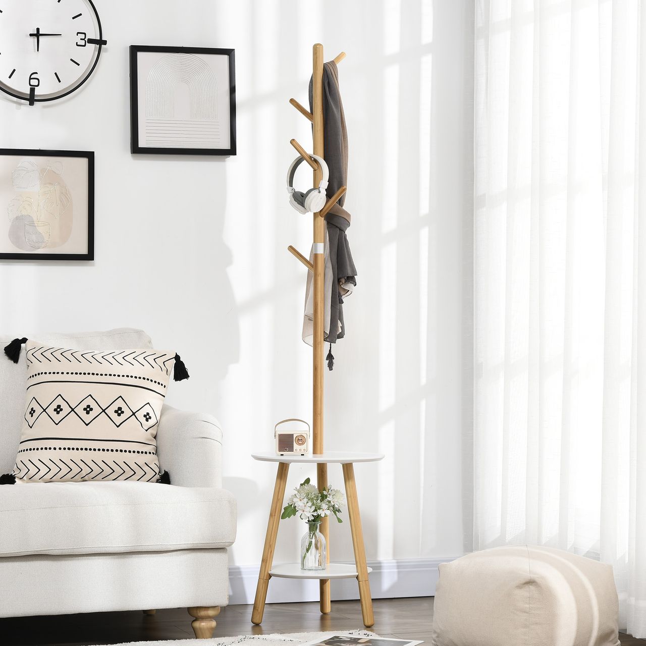 HOMCOM Garderobenständer, 171 cm Kleiderständer mit 5 Haken, Beistelltisch