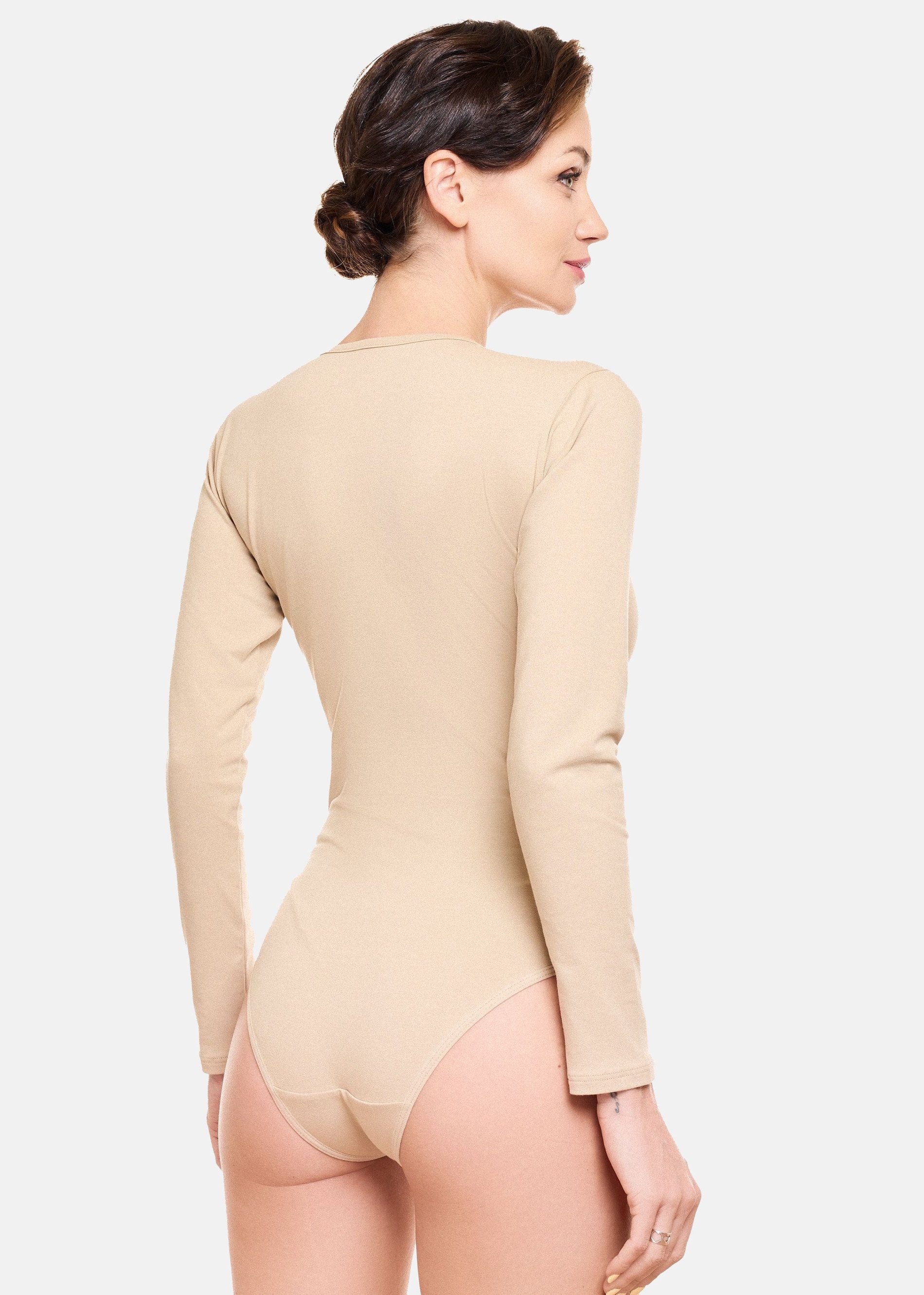 Evoni Body Damen Langarmbody V-Dekollete Tüll Blickdicht