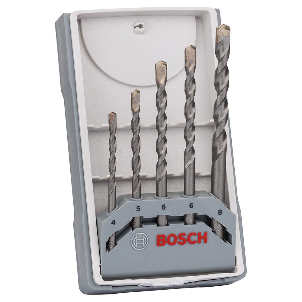Conjunto de 5 brocas de impacto para alvenaria Bosch, 4-8 mm, cor prata.