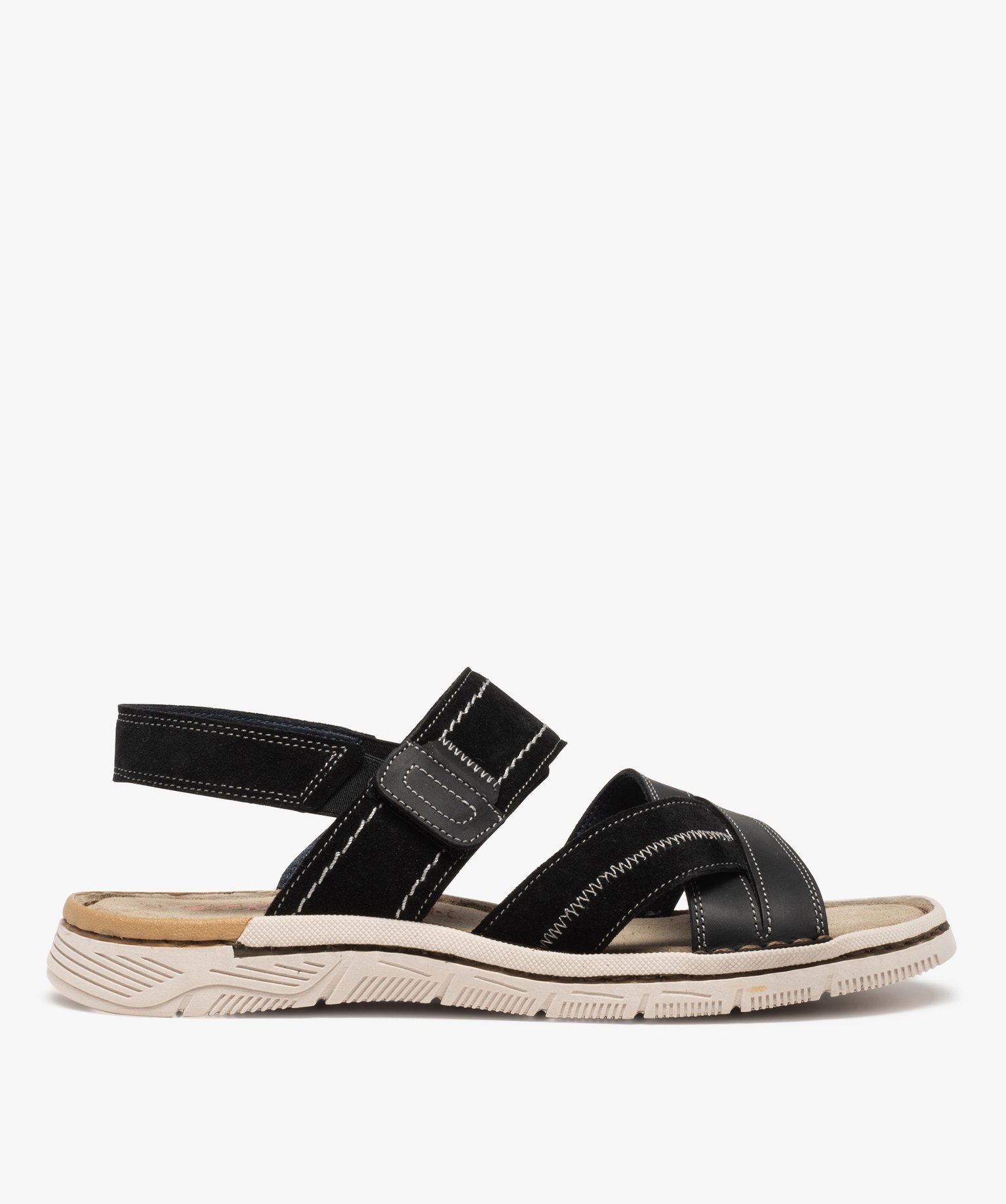 Sandales homme avec brides en cuir fermeture scratch noir | GEMO