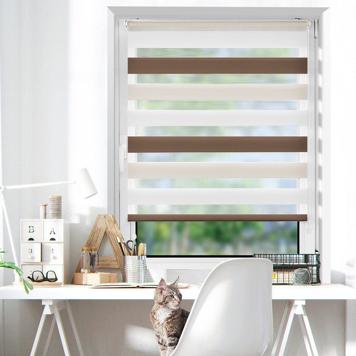 Doppelrollo rollos für Fenster ohne Bohren 130cm, OUBO, Lichtschutz, freihängend, mit Klemmträger, Klemmfix, livhtdurchlässig und verdunkelnd