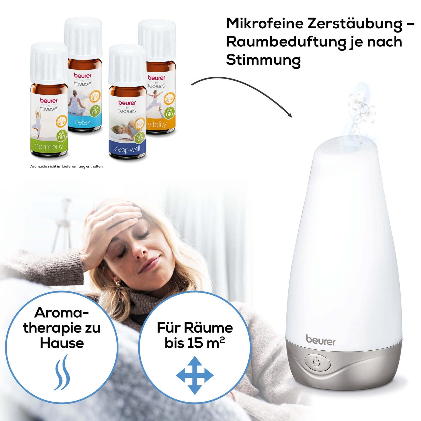 Beurer Aroma Diffuser LA 30-Diffuser mit LED-Farblicht für Raumbefeuchtung & angenehmen Duft bis 15 m²