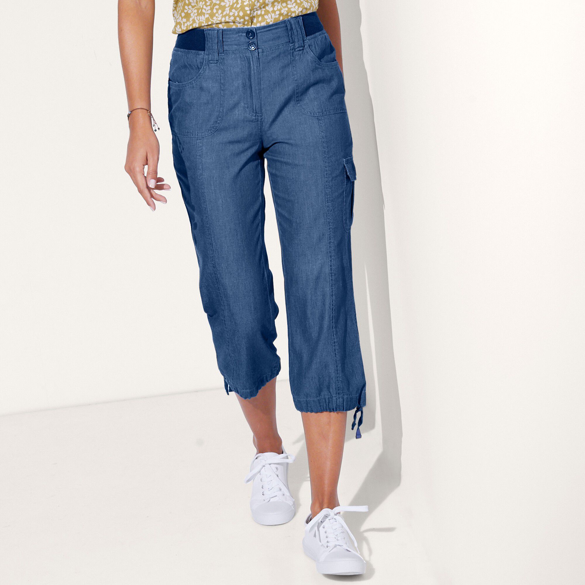 Pantacourt denim ceinture maille