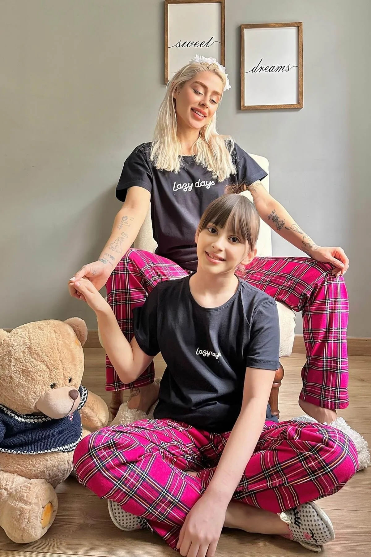 Pijamaevi  Lazy Days Kurzarm-Mutter-Tochter-Familienpyjama – Damen-Set