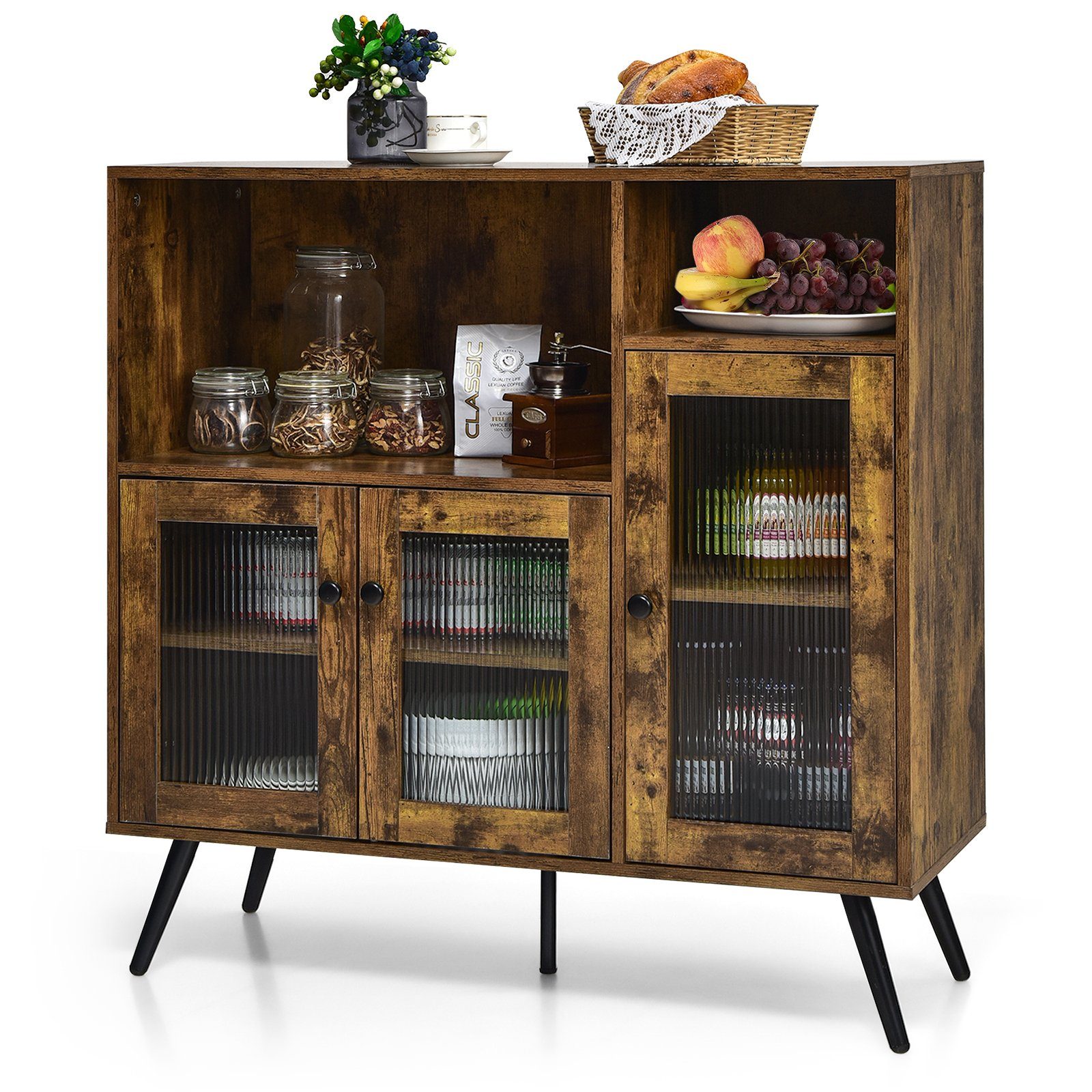COSTWAY Küchenbuffet mit Glastüren & Fächern, Kippschutz, 100x39,5x100cm