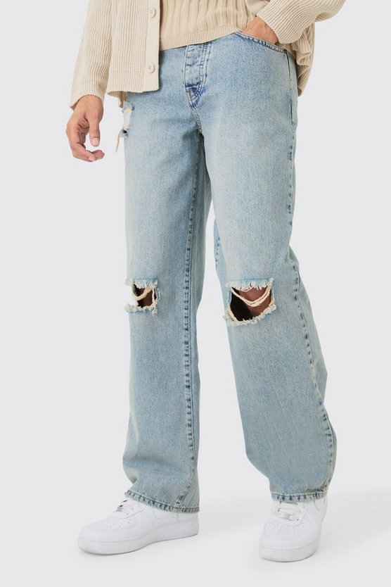 Baggy Rigid Ripped Knee Jeans In Washed Light Blue