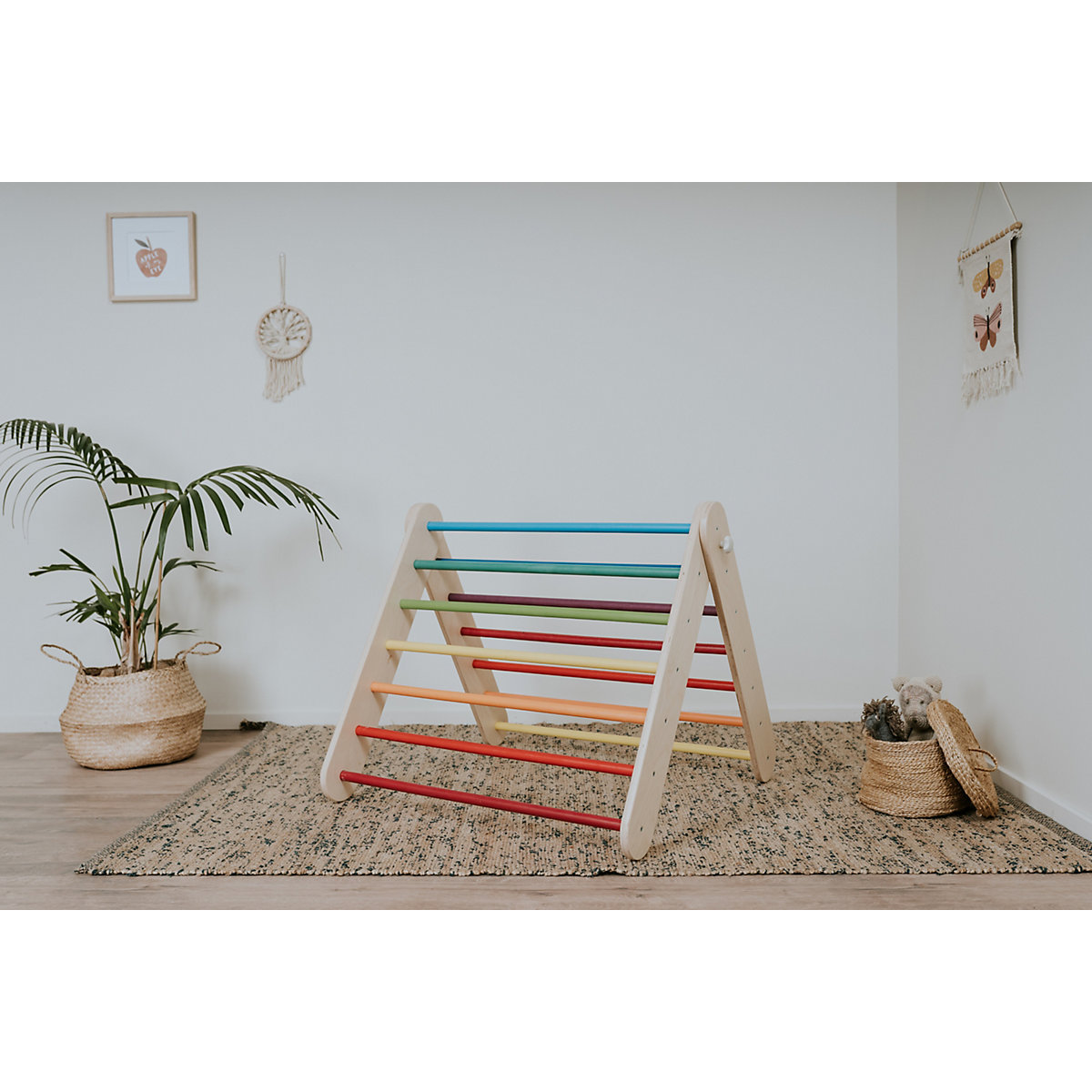 Klettergerüst Sprossenwand mit Rampe und Rutsche Indoor, Kletterdreieck Sprossenwand aus Holz, Klettern Innnen Kleinkind