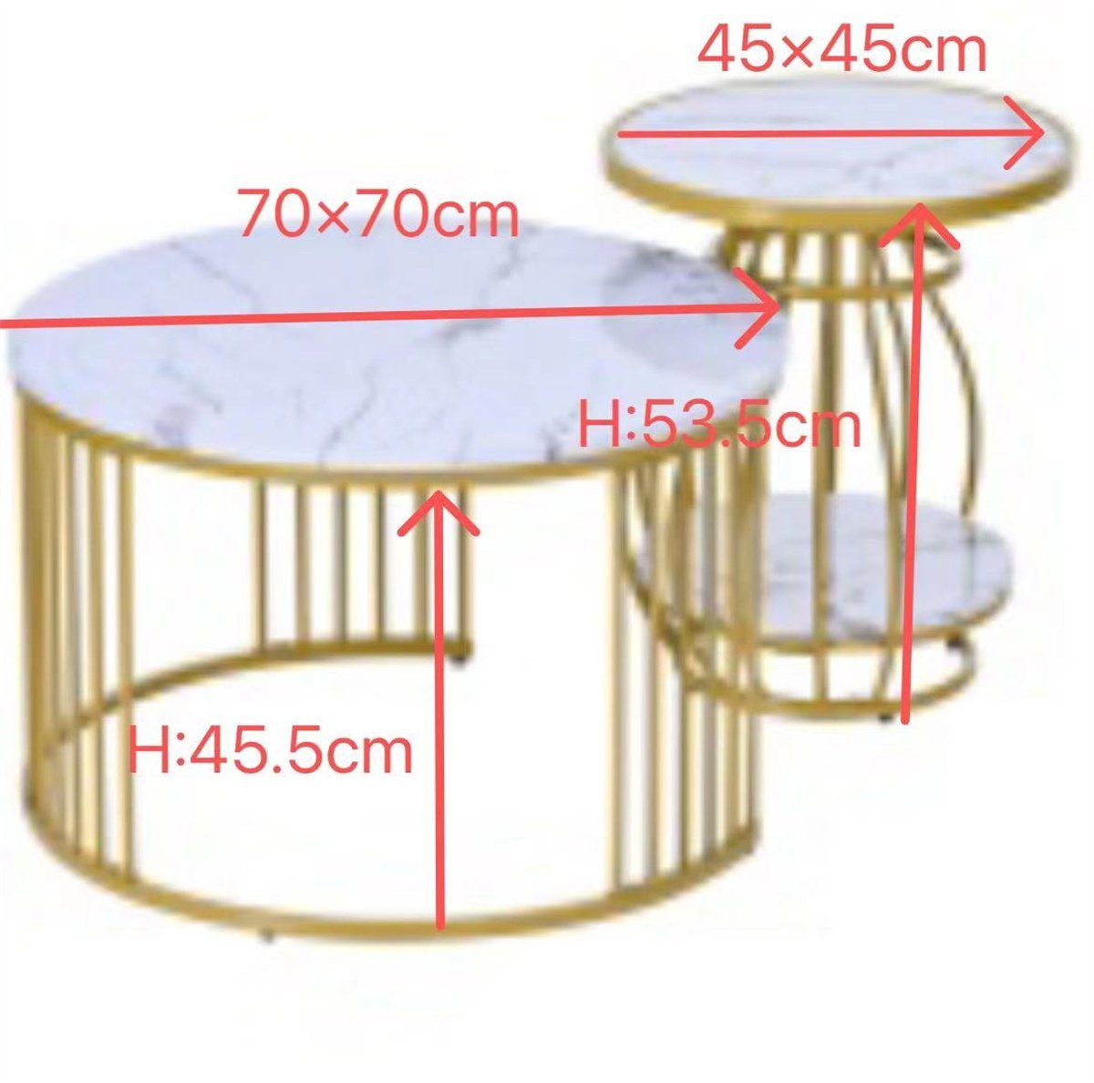 XDeer Couchtisch Couchtisch 2er Set,robustes Sofatisch Wohnzimmertisch Rund, Beistelltisch mit golden Eisengestell(70*70*45.5/45*45*53.5cm)