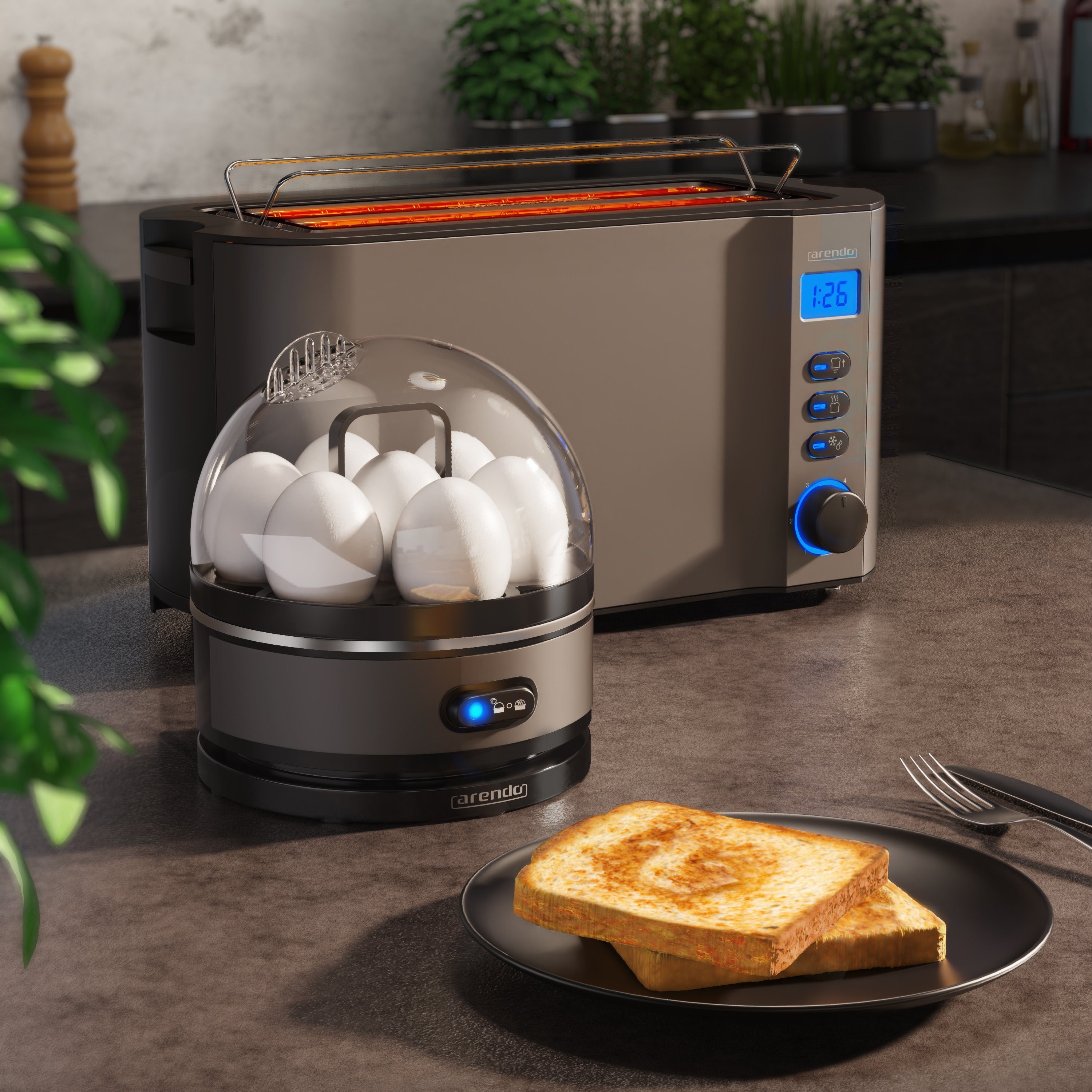 Arendo Frühstücks-Set (2-tlg), 4-Scheiben Langschlitz Toaster, 7er Eierkocher, Grau