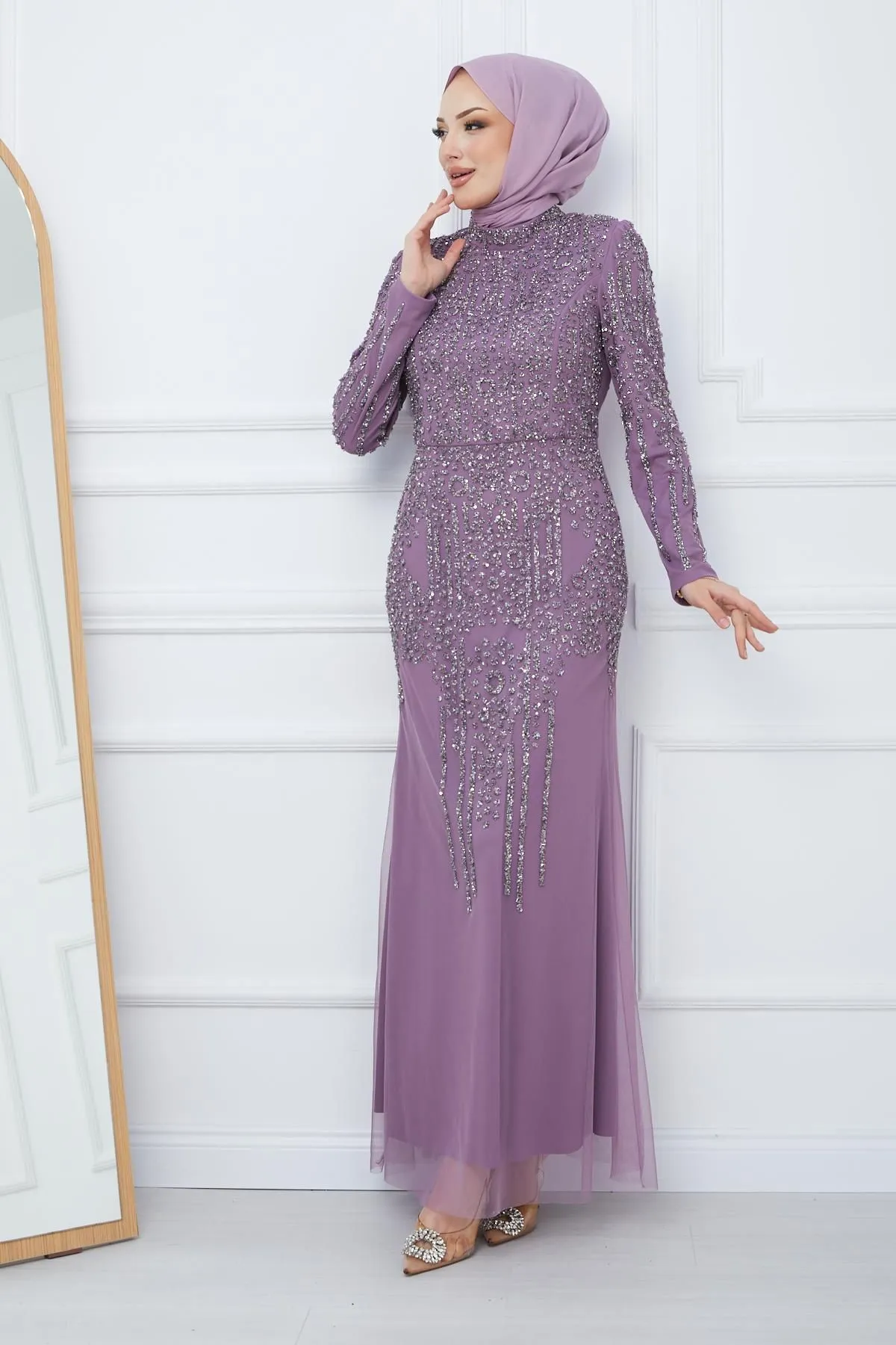 Olcay  Mit Perlen und Steinen besetztes Tüll-Hijab-Abendkleid LILA 1663
