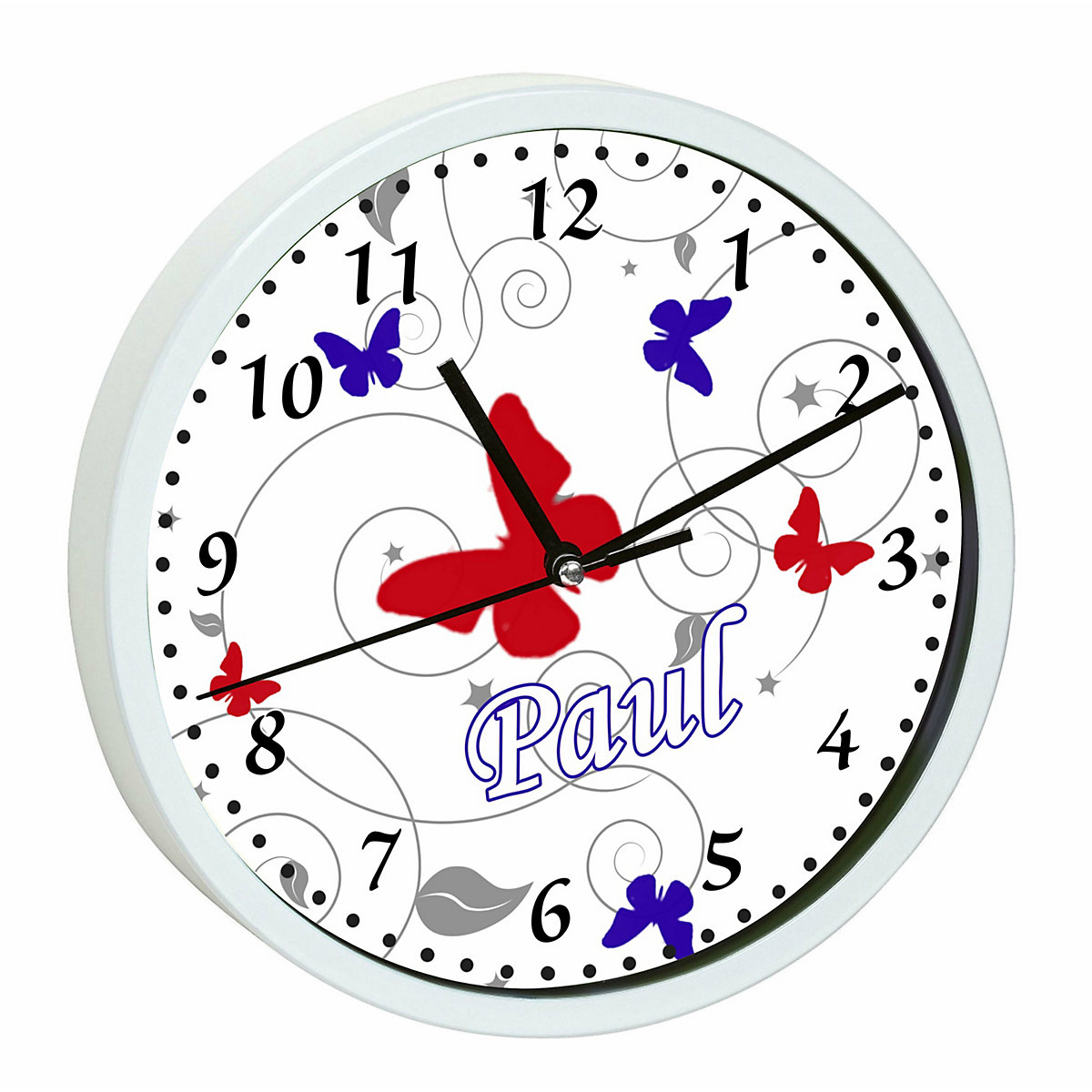 Kinder Wanduhr laufruhig personalisiert mit Name Schmetterling Rot Blau Grau
