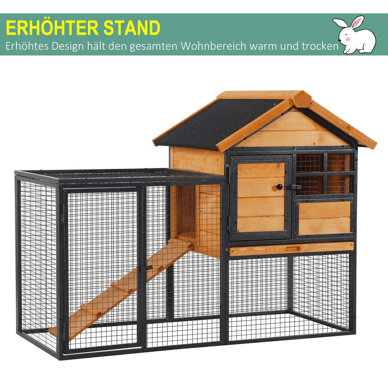 PawHut Kaninchenstall erhöhtes Haus mit Abschließbare Tür Outdoor Holz-Metall
