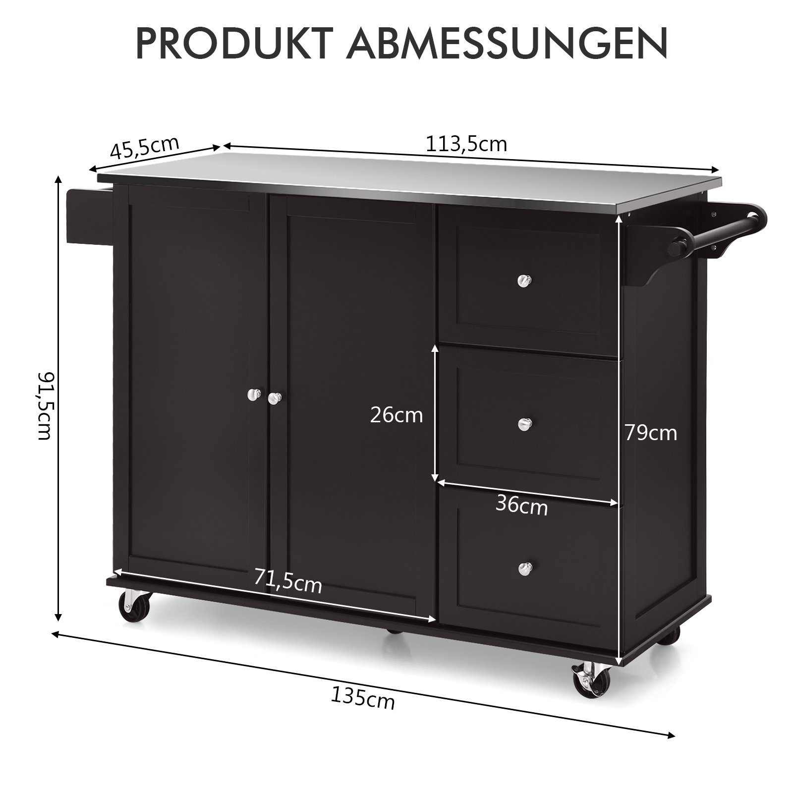 COSTWAY Küchenwagen, mit 3 Schubladen, Arbeitsplatte & verstellbarer Ablage