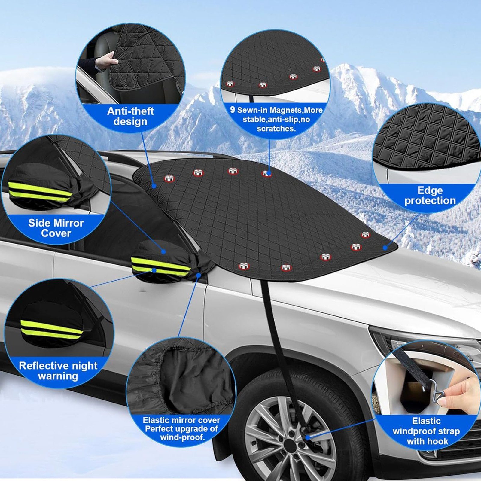Rutaqian Frontscheibenabdeckung Frontscheibenabdeckung, Windschutzscheibenabdeckung mit Magneten, (Frontscheibenabdeckung Auto mit Seitenspiegelabdeckung, Ultra-Dick Auto Scheibenabdeckung Windschutzscheibe Abdeckung), für die Windschutzscheibe gegen