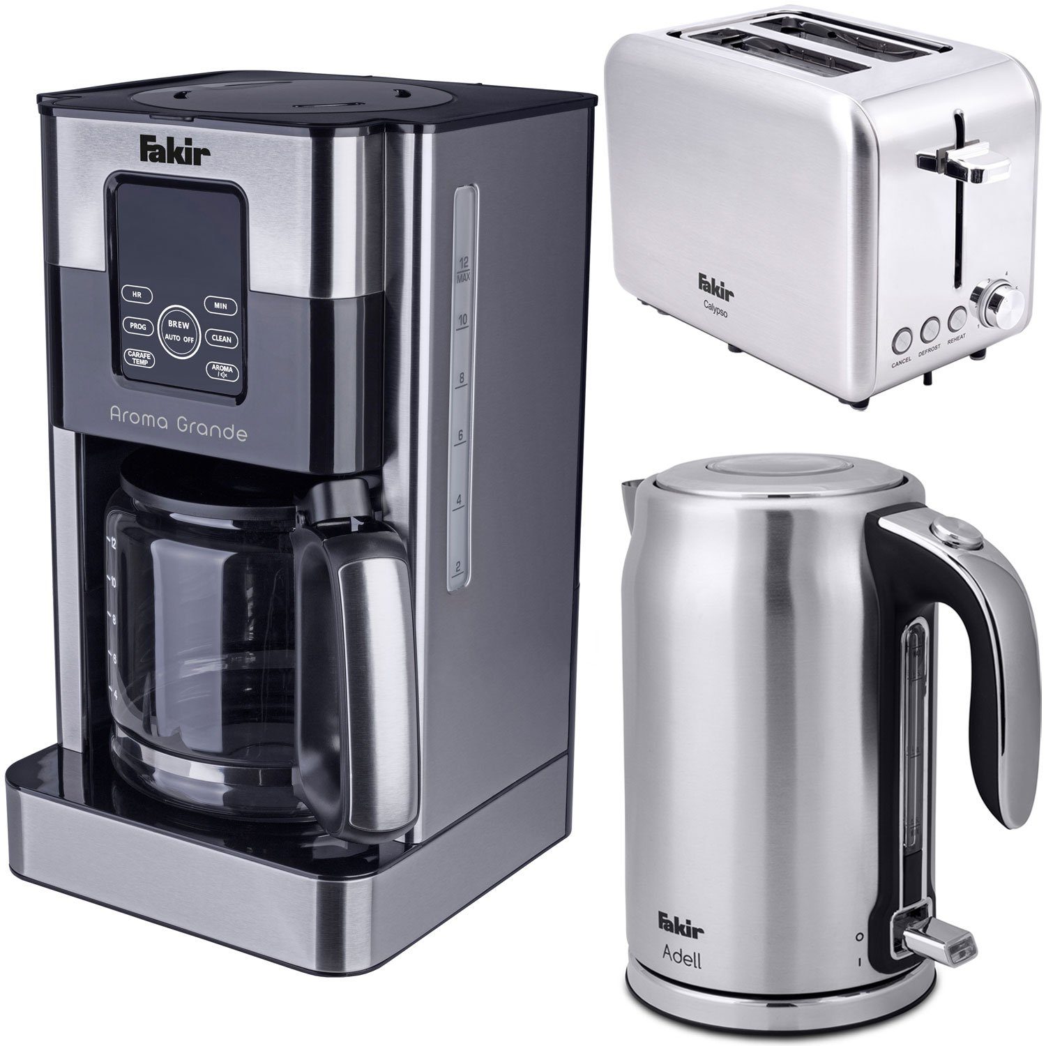 FAKIR Frühstücks-Set 9233001_4005001_9228001 (3-tlg), Set aus Filter-Kaffeemaschine, Wasserkocher & Toaster, Edelstahl