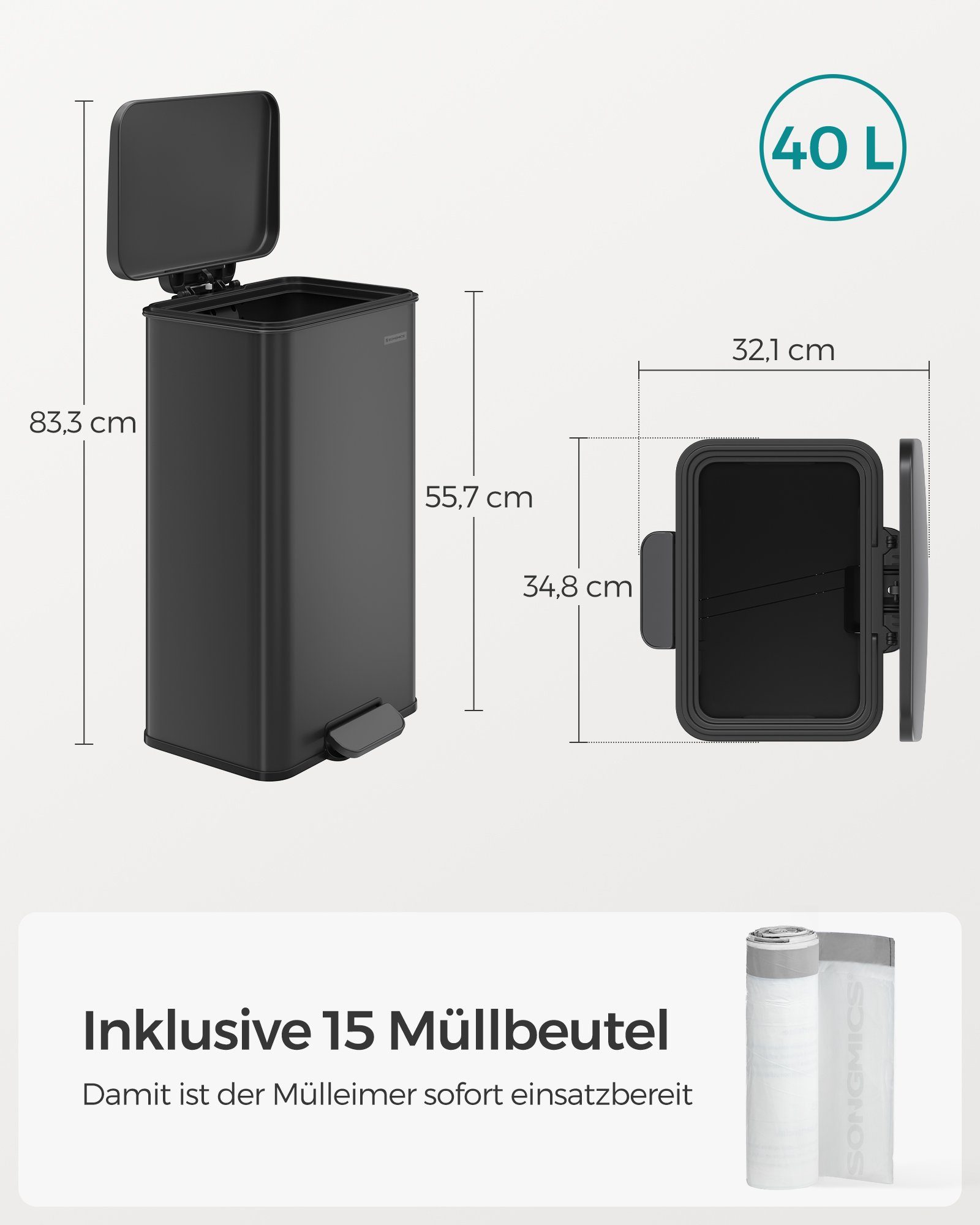 SONGMICS Mülleimer Küche, 40 Liter Abfalleimer großer Tretmülleimer mit Deckel
