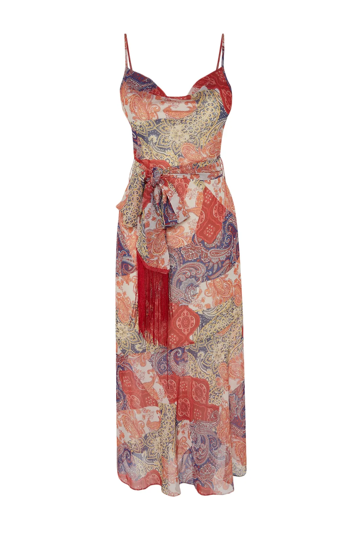 Trendyol Collection  Mehrfarbiges, gewebtes Maxikleid mit Gürtel, Quasten und Schalmuster in A-Linie/Glockenform TWOSS23EL01777