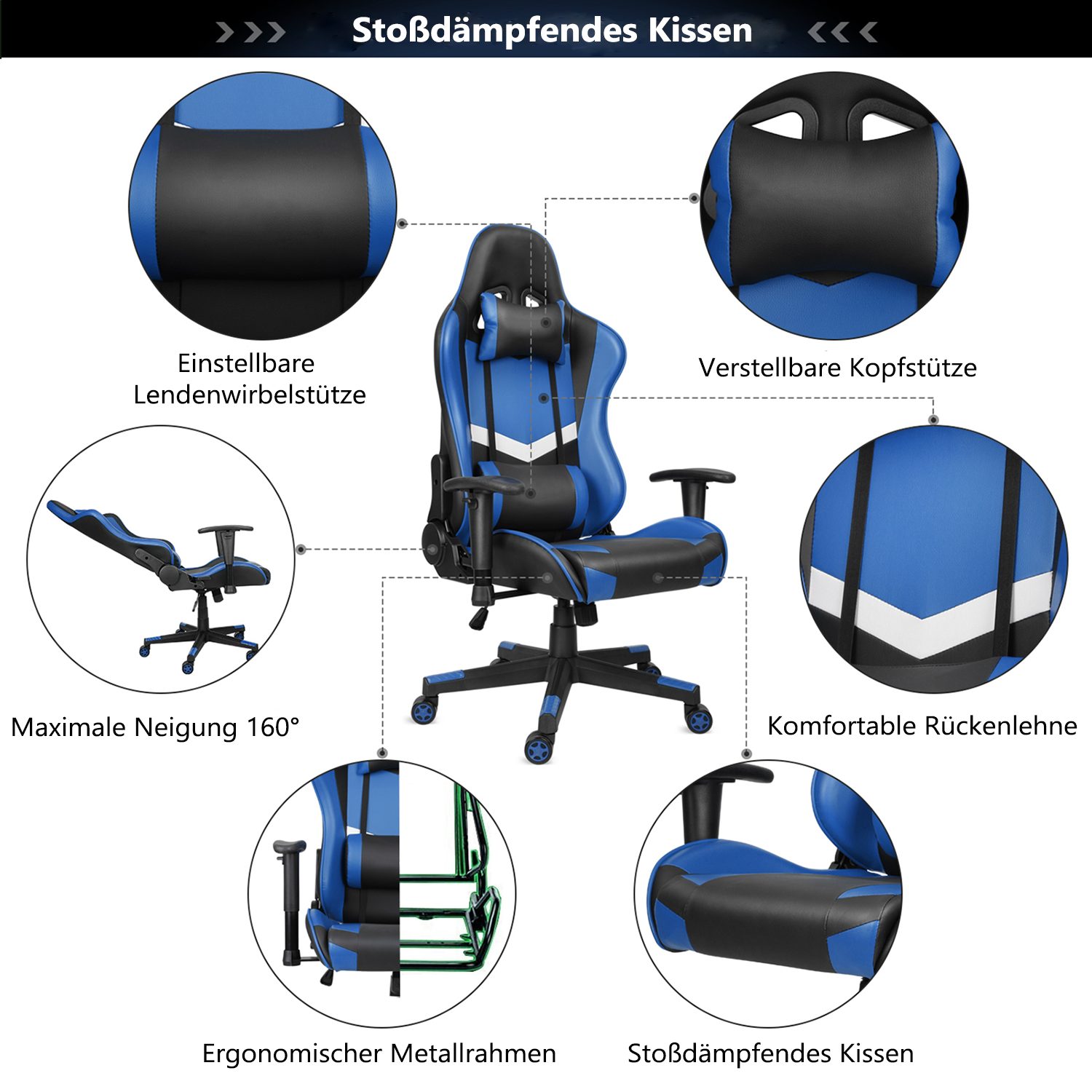 Femor Gaming Chair Gaming Stuhl, Gamer Stuhl 90°-160° Neigungswinkel