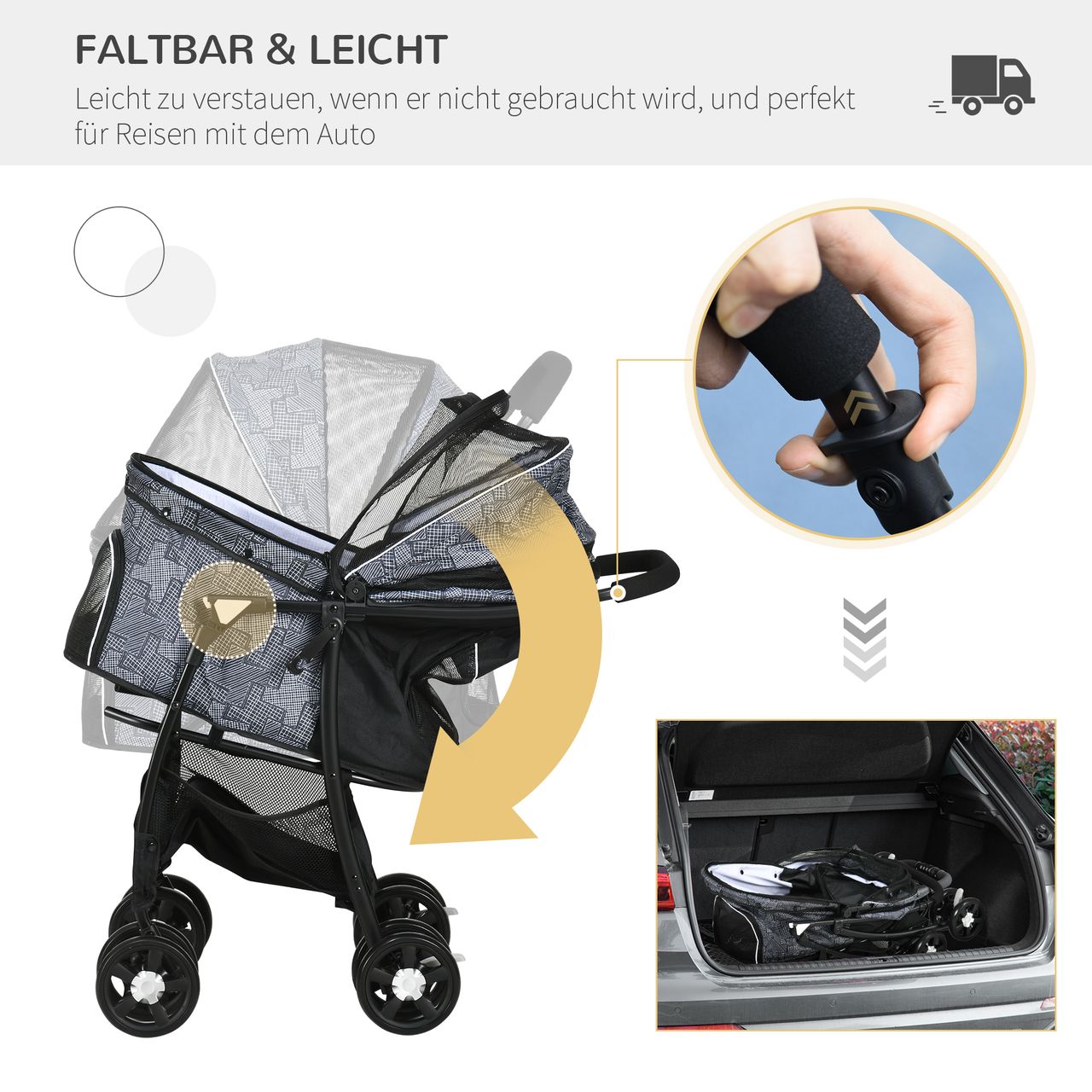 PawHut Hundewagen, faltbarer Hundetrolley, Hundebuggy mit Kissen, Katzenwagen