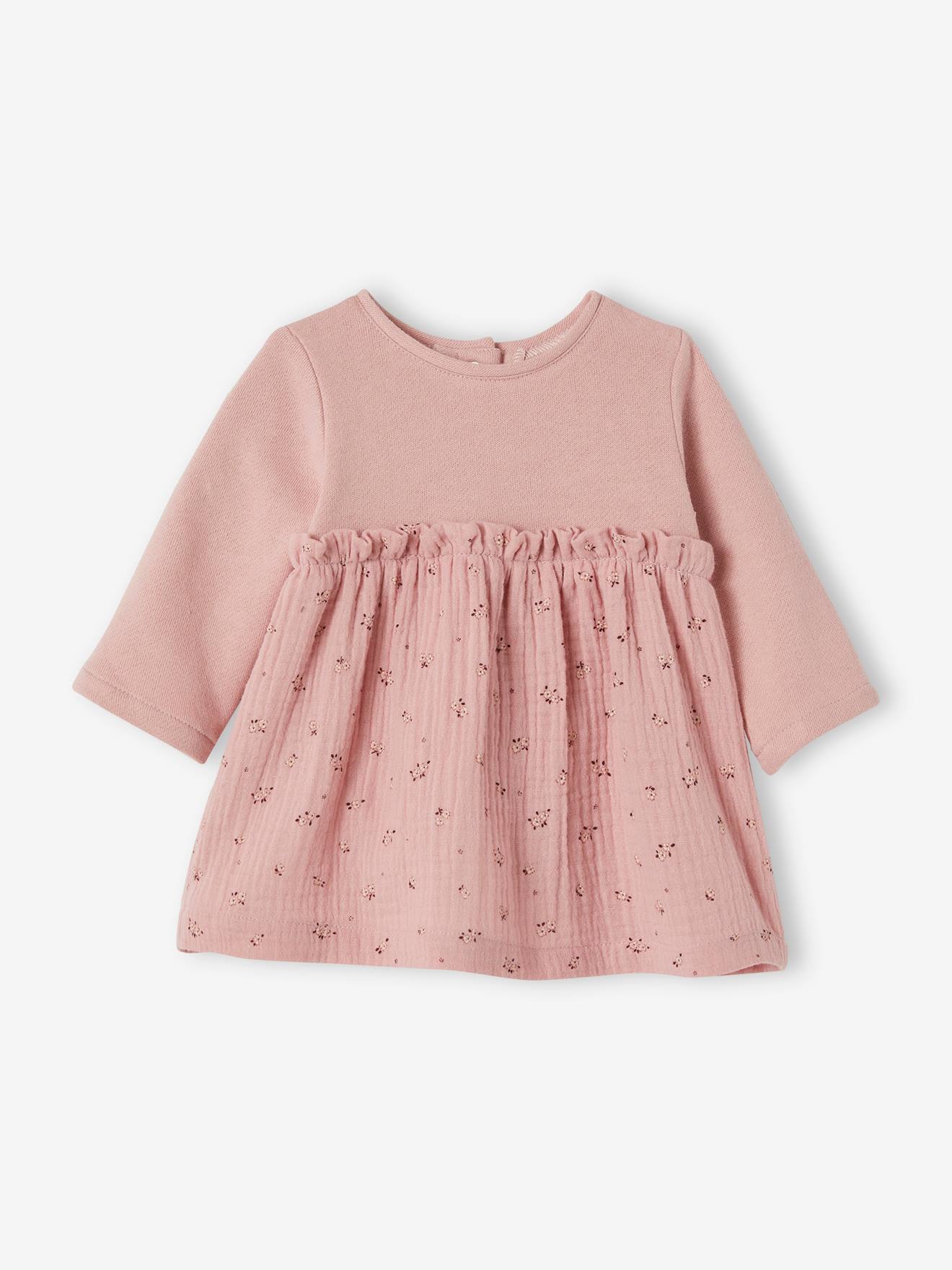 Robe bi-matière en molleton bébé rose imprimé