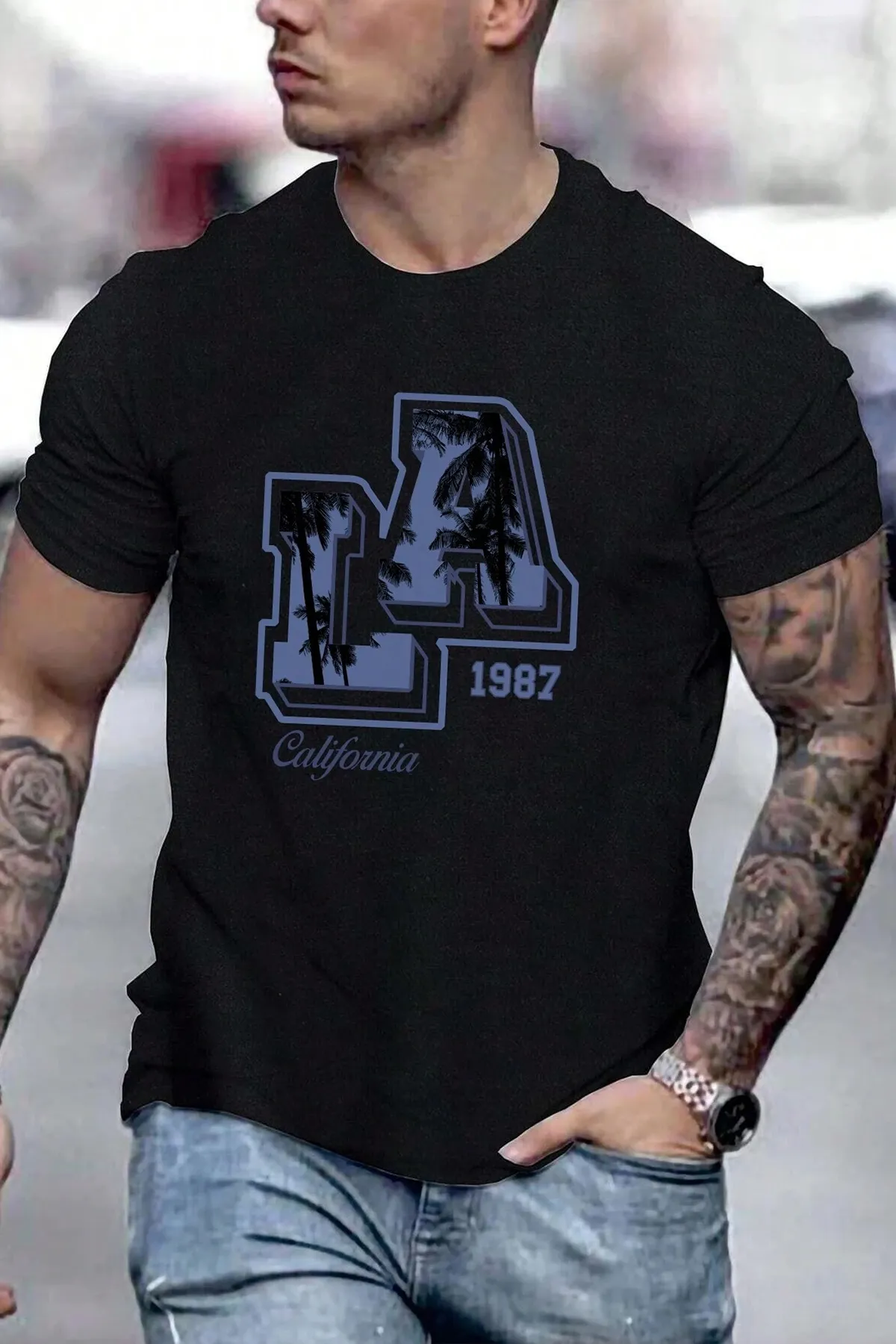 uyguntarz  Bedrucktes Oversize-T-Shirt „La California 1987“ für Herren