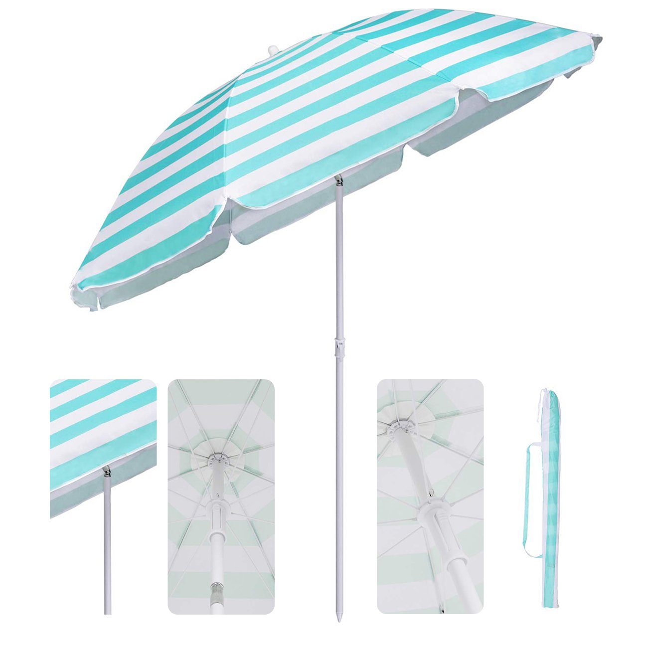 Sekey Balkonschirm Rund Terrassenschirm Strandschirm mit Schutzhülle Sonnenschirm 160 cm, Höhe verstellbar, Um 30° knickbar, Gestreift